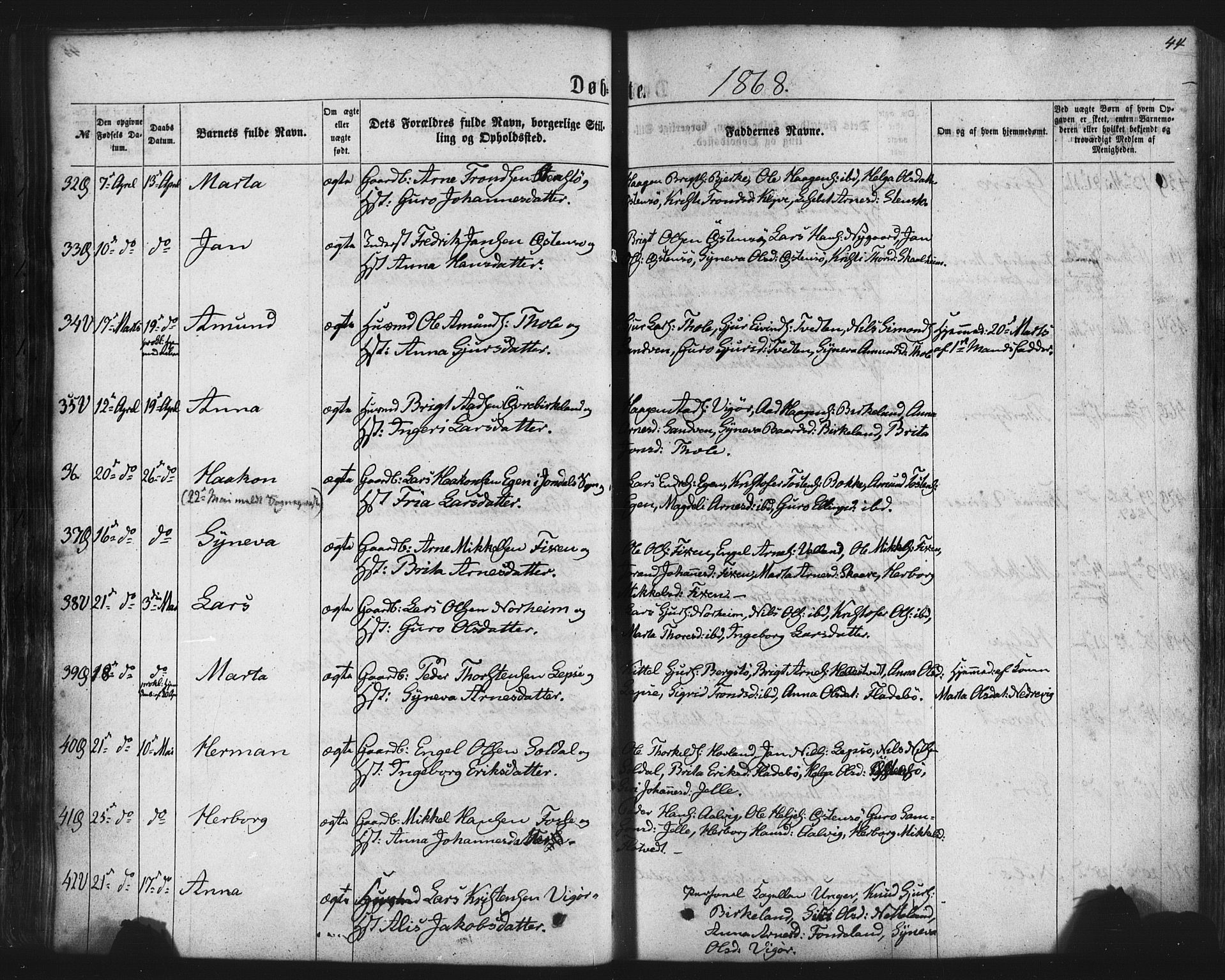 Kvam sokneprestembete, SAB/A-76201/H/Haa: Parish register (official) no. A 9, 1864-1879, p. 44