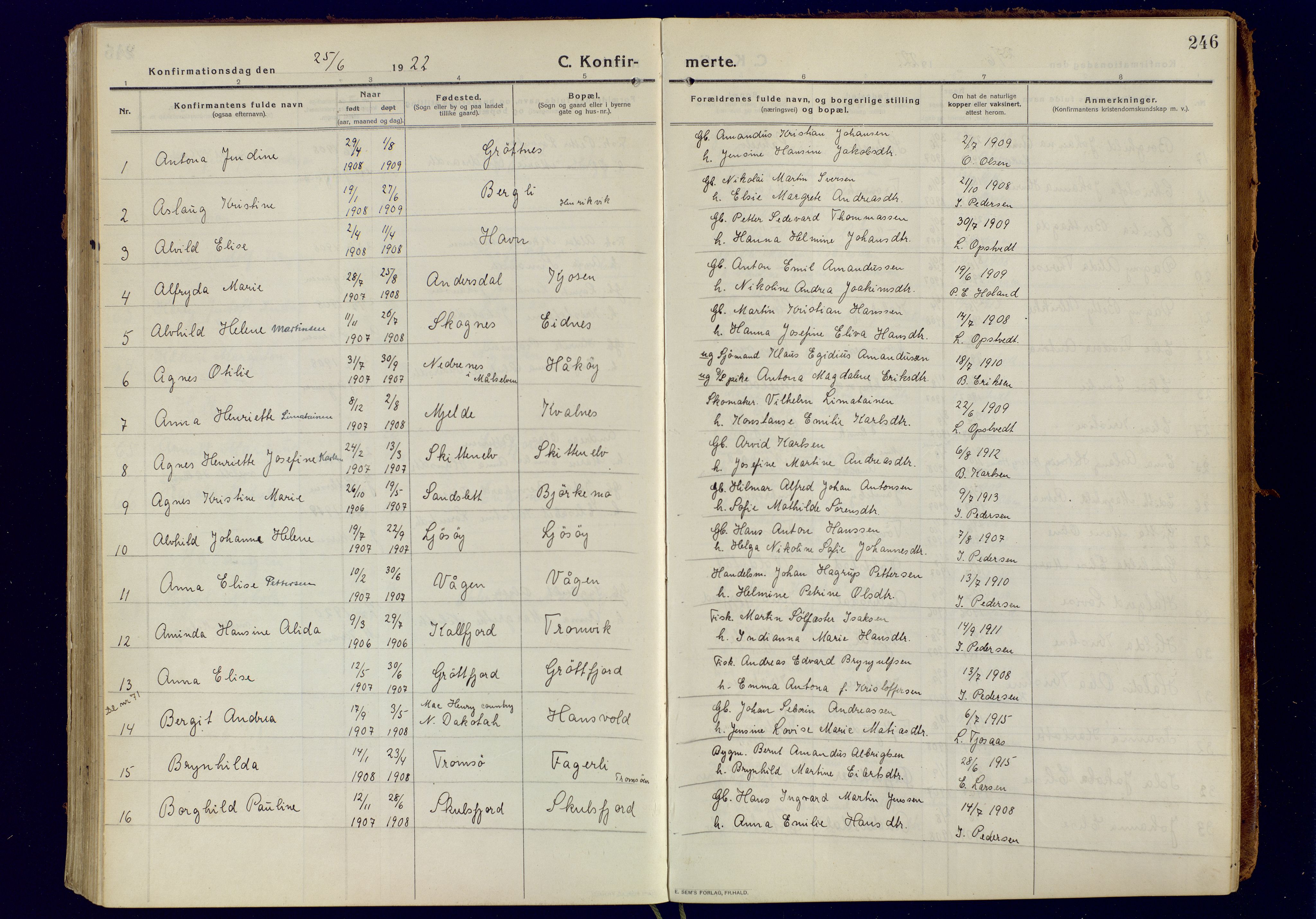 Tromsøysund sokneprestkontor, AV/SATØ-S-1304/G/Ga/L0008kirke: Parish register (official) no. 8, 1914-1922, p. 246