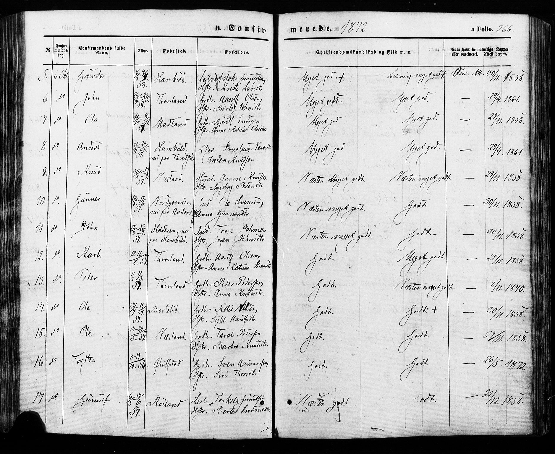 Åseral sokneprestkontor, SAK/1111-0051/F/Fa/L0002: Parish register (official) no. A 2, 1854-1884, p. 266