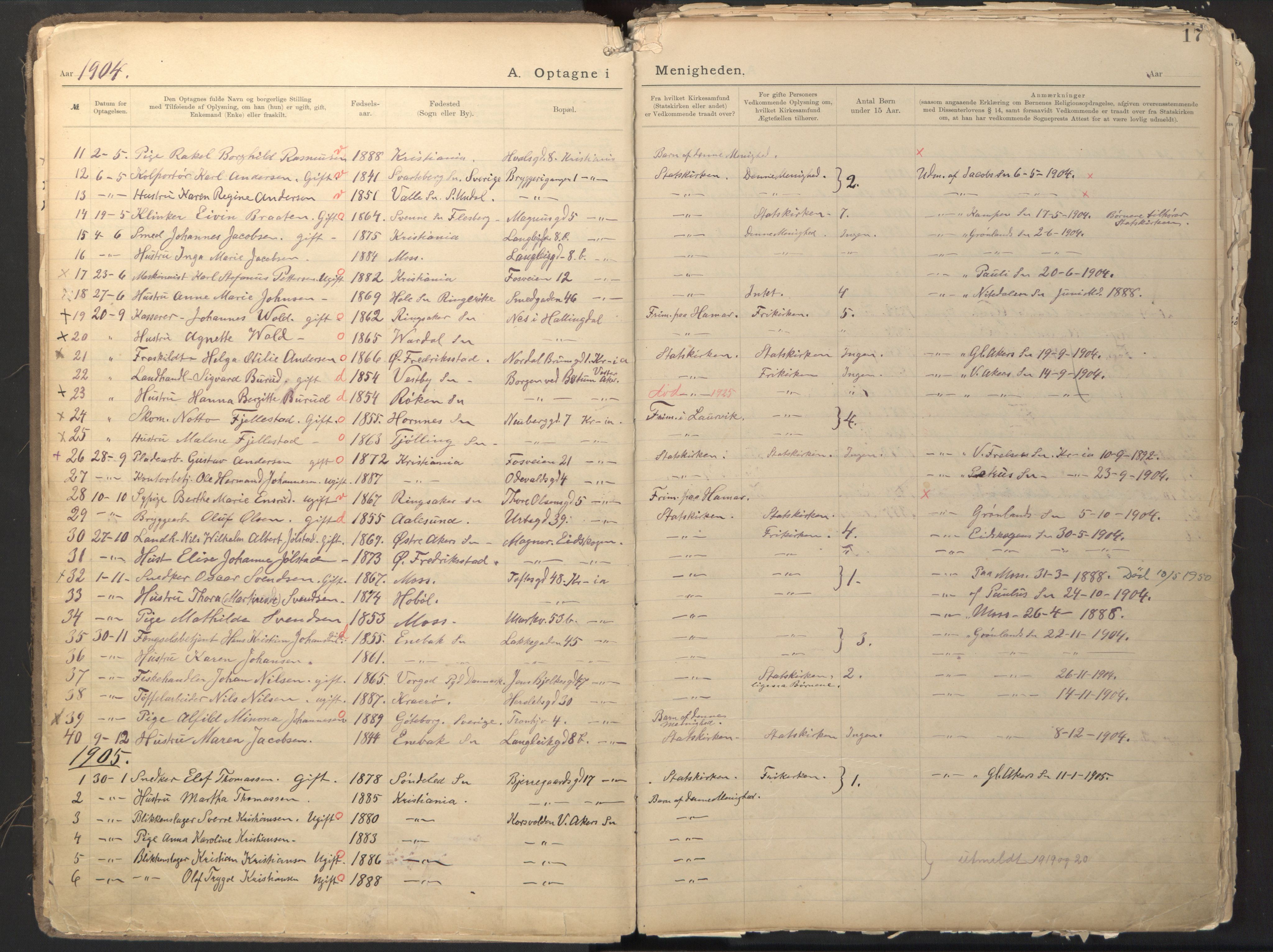 Den evangelisk-lutherske frikirke østre menighet, Oslo, SAO/PAO-0245/F/L0002: Dissenter register no. 2, 1892-1936, p. 17