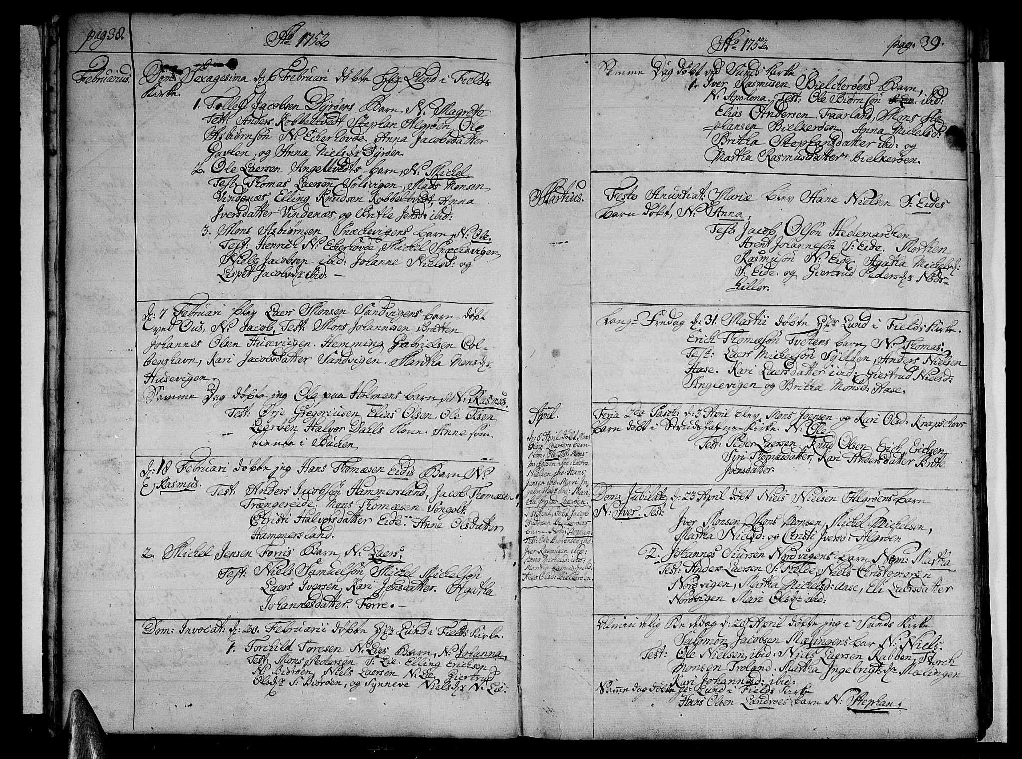 Sund sokneprestembete, AV/SAB-A-99930: Parish register (official) no. A 4, 1748-1769, p. 38-39