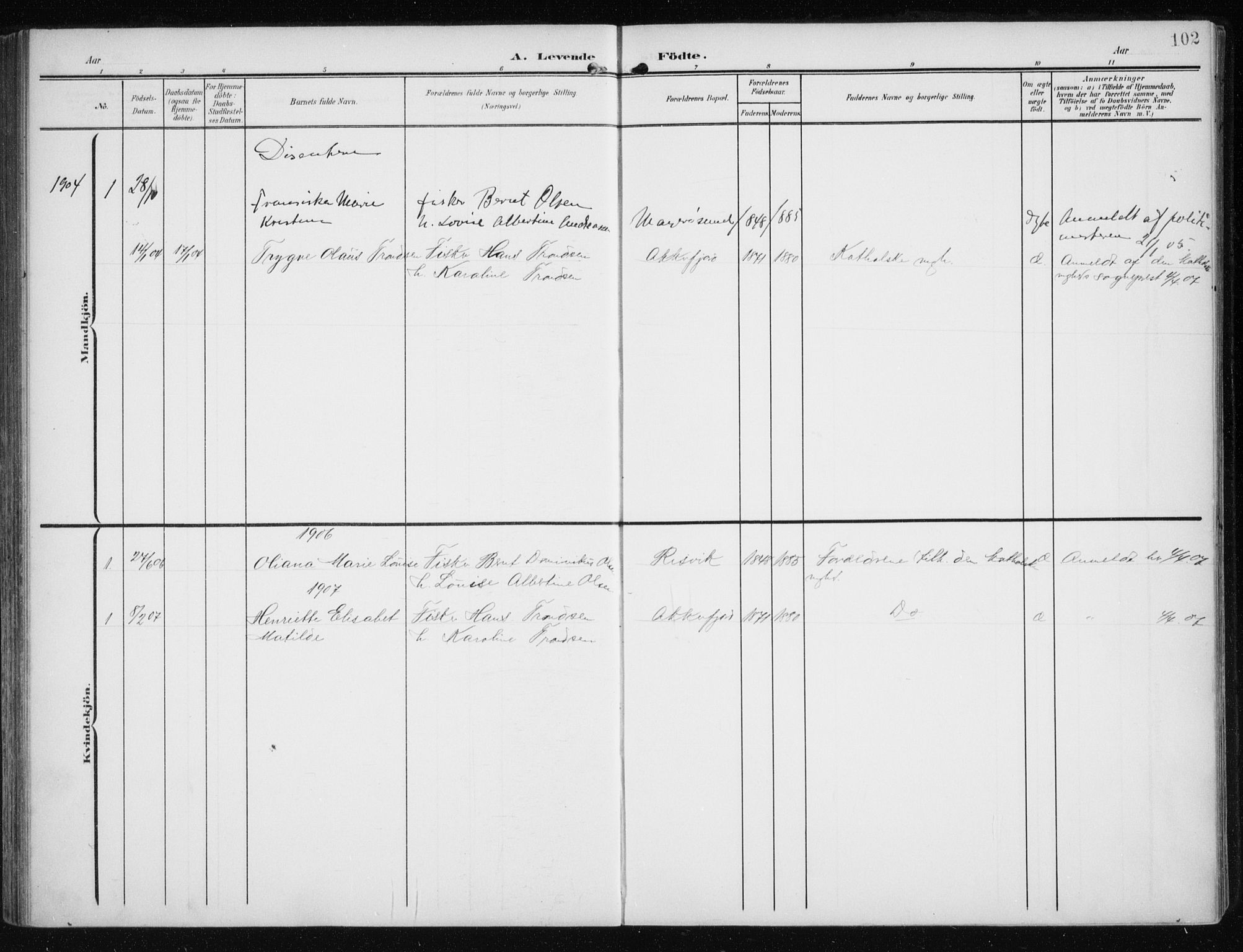 Måsøy sokneprestkontor, AV/SATØ-S-1348/H/Ha/L0009kirke: Parish register (official) no. 9, 1903-1914, p. 102