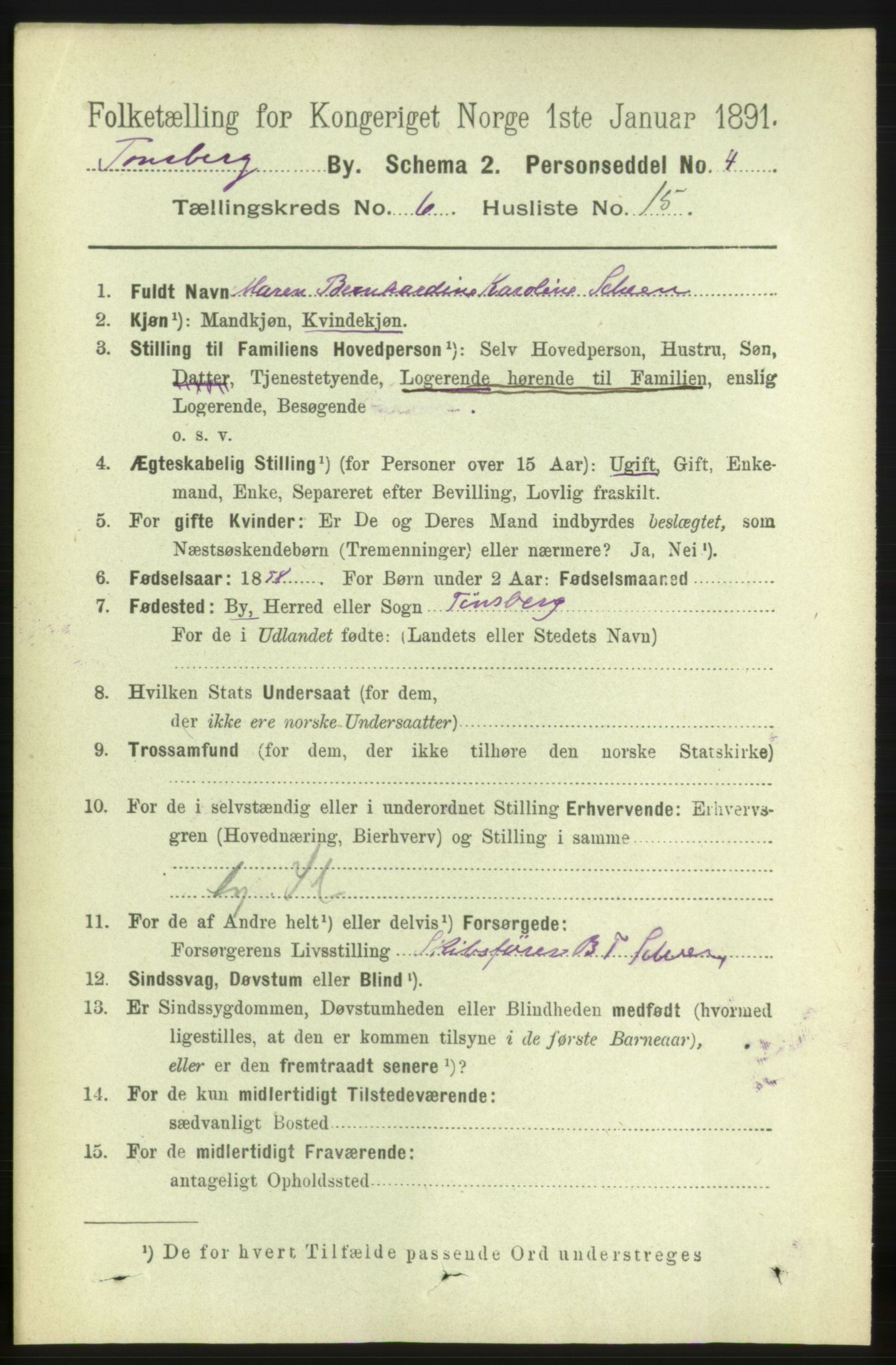 RA, 1891 census for 0705 Tønsberg, 1891, p. 2701