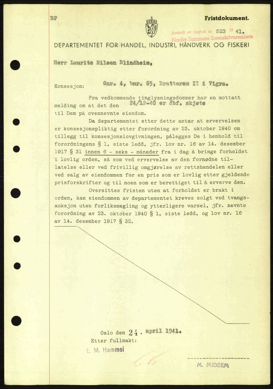 Nordre Sunnmøre sorenskriveri, AV/SAT-A-0006/1/2/2C/2Ca: Mortgage book no. B1-6, 1938-1942, Diary no: : 523/1941