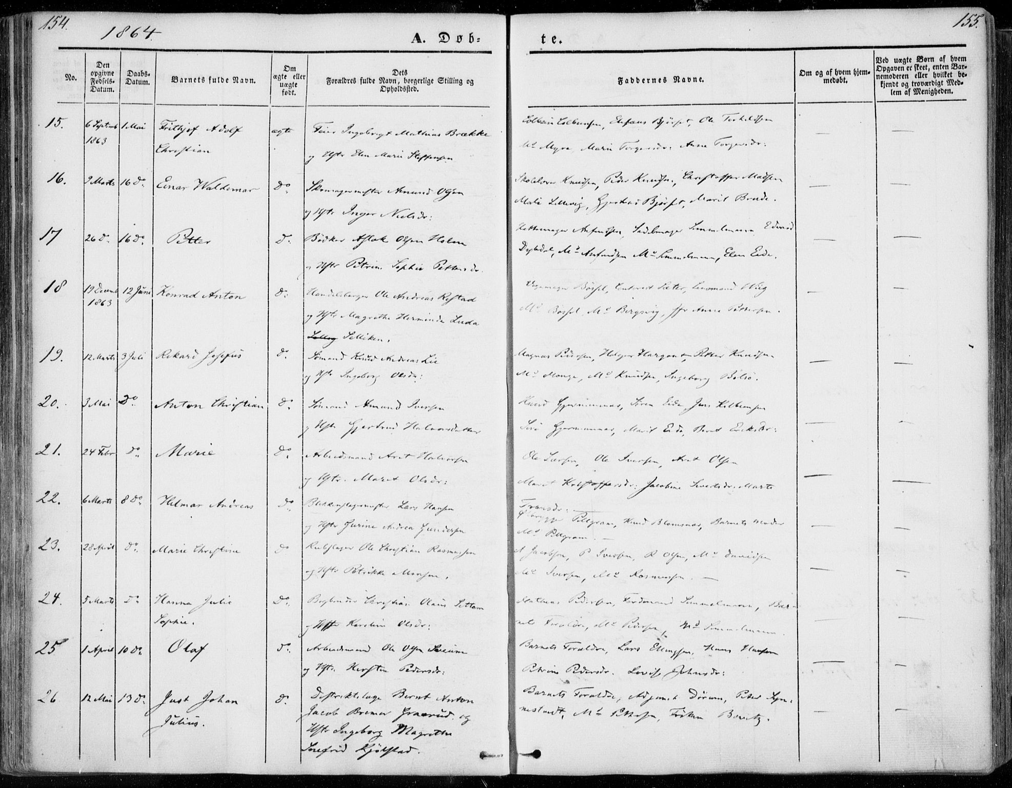 Ministerialprotokoller, klokkerbøker og fødselsregistre - Møre og Romsdal, SAT/A-1454/558/L0689: Parish register (official) no. 558A03, 1843-1872, p. 154-155