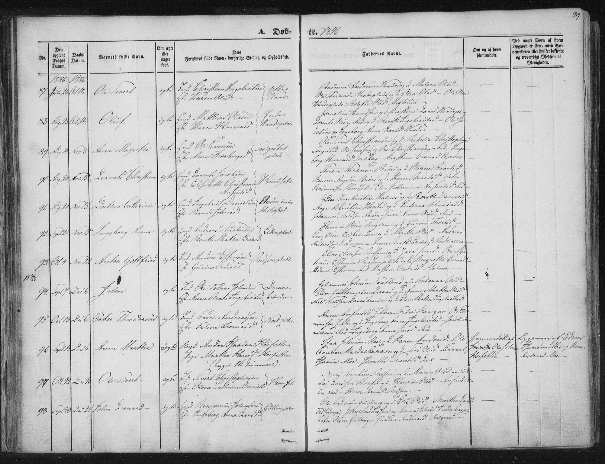 Ministerialprotokoller, klokkerbøker og fødselsregistre - Nord-Trøndelag, AV/SAT-A-1458/741/L0392: Parish register (official) no. 741A06, 1836-1848, p. 89