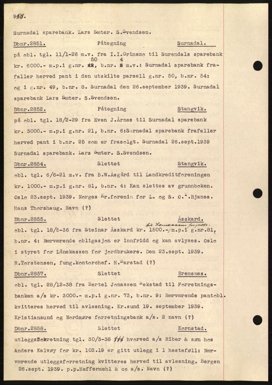 Nordmøre sorenskriveri, AV/SAT-A-4132/1/2/2Ca: Mortgage book no. C80, 1936-1939, Diary no: : 2851/1939