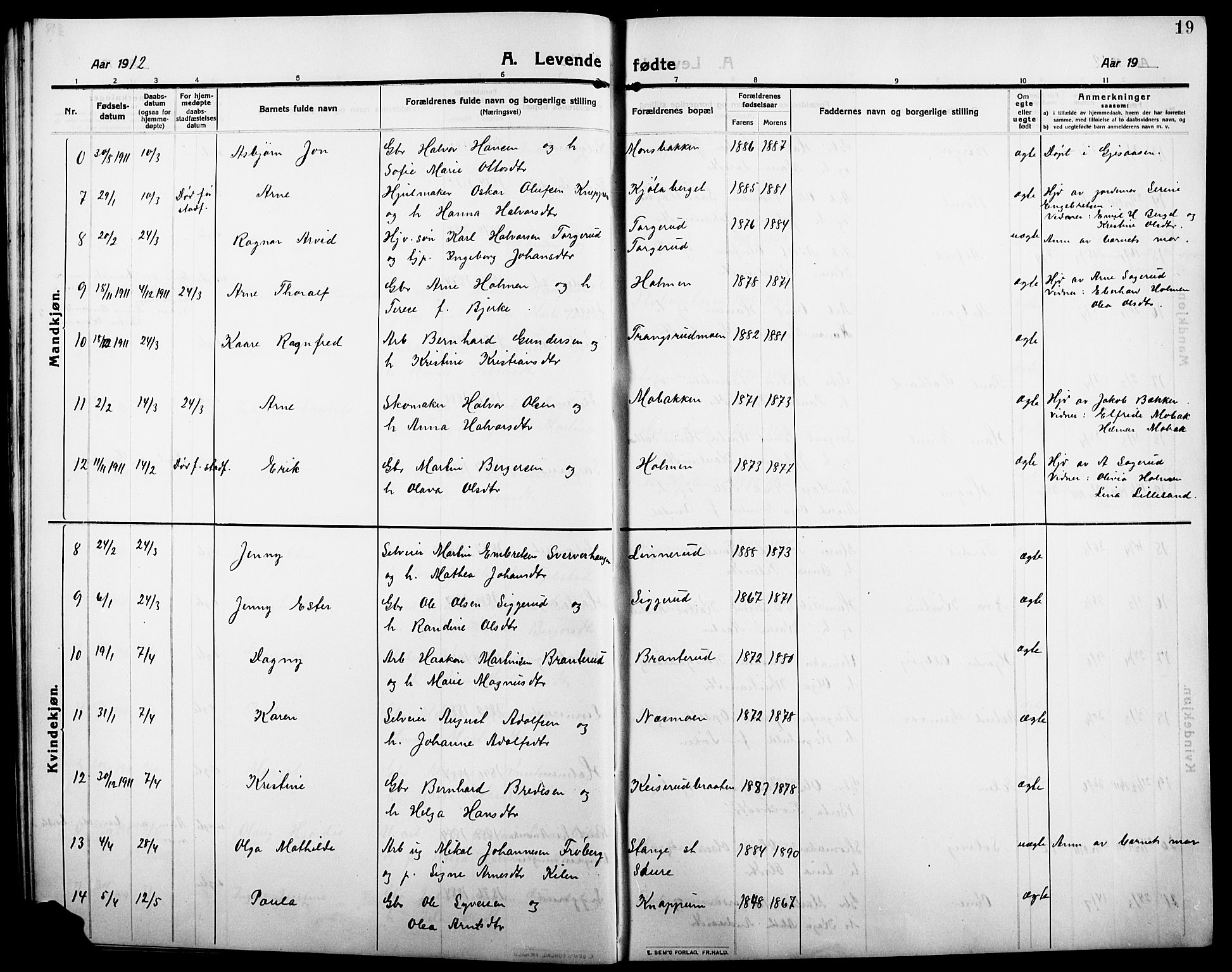 Åsnes prestekontor, AV/SAH-PREST-042/H/Ha/Hab/L0007: Parish register (copy) no. 7, 1909-1926, p. 19