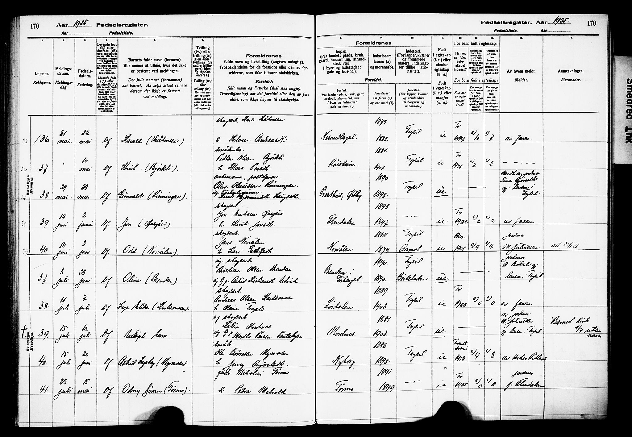 Trysil prestekontor, AV/SAH-PREST-046/I/Id/Ida/L0001: Birth register no. I 1, 1916-1927, p. 170