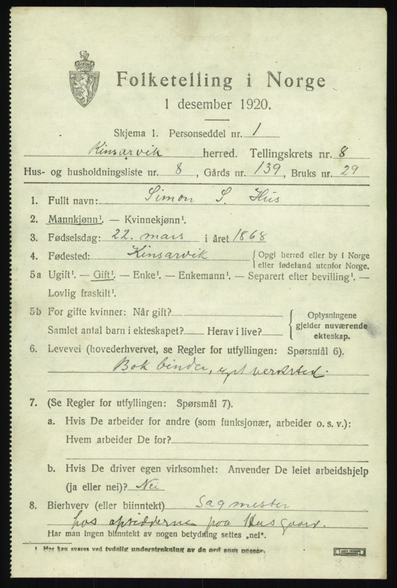 SAB, 1920 census for Kinsarvik, 1920, p. 3690