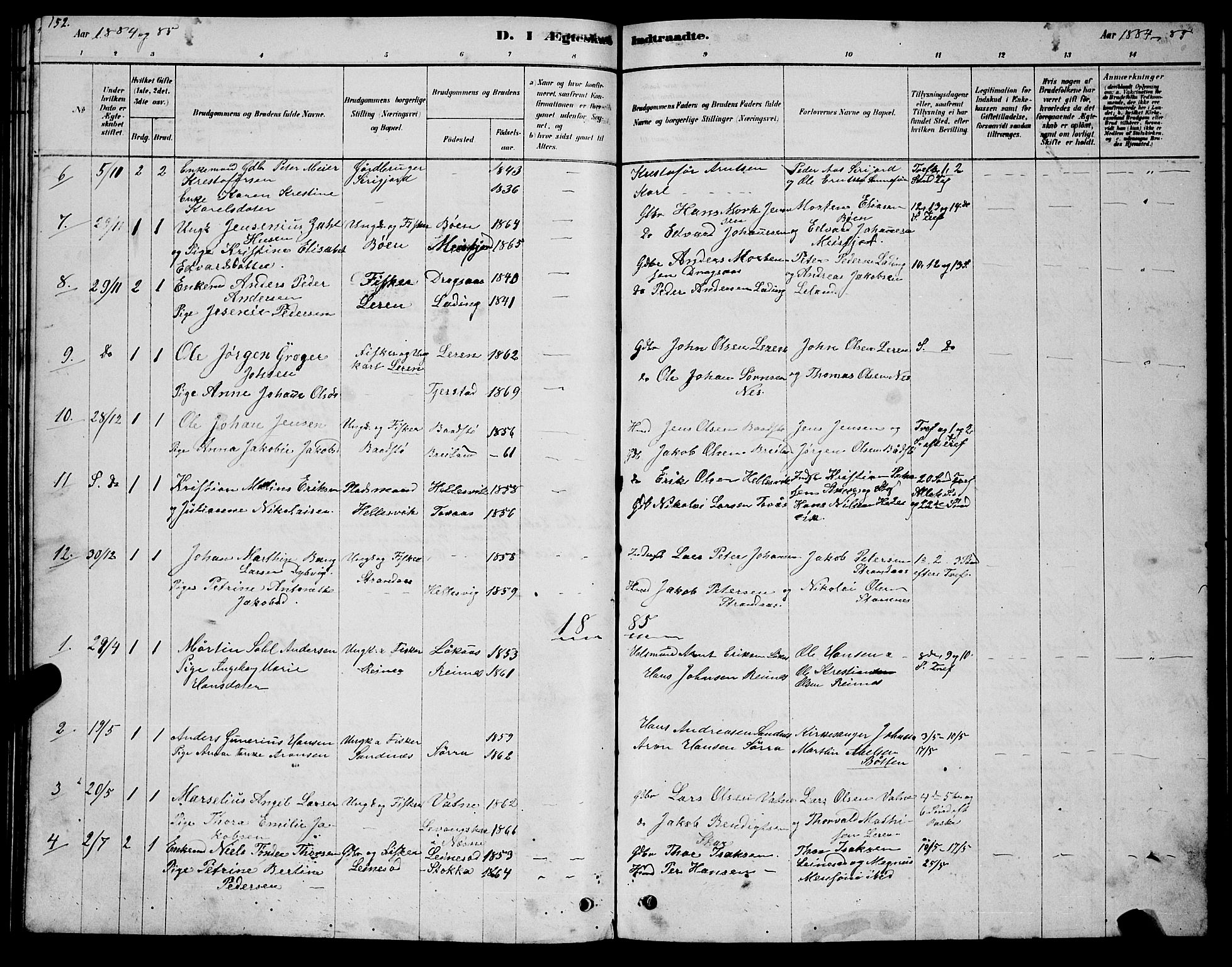 Ministerialprotokoller, klokkerbøker og fødselsregistre - Nordland, SAT/A-1459/831/L0477: Parish register (copy) no. 831C04, 1878-1897, p. 152