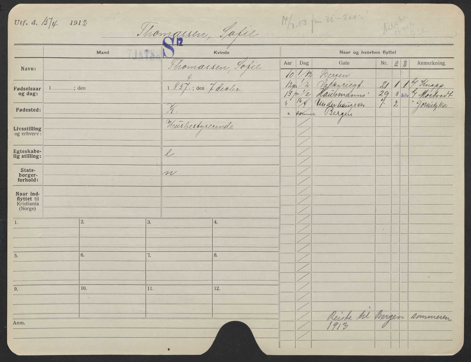 Oslo folkeregister, Registerkort, AV/SAO-A-11715/F/Fa/Fac/L0024: Kvinner, 1906-1914, p. 1177a