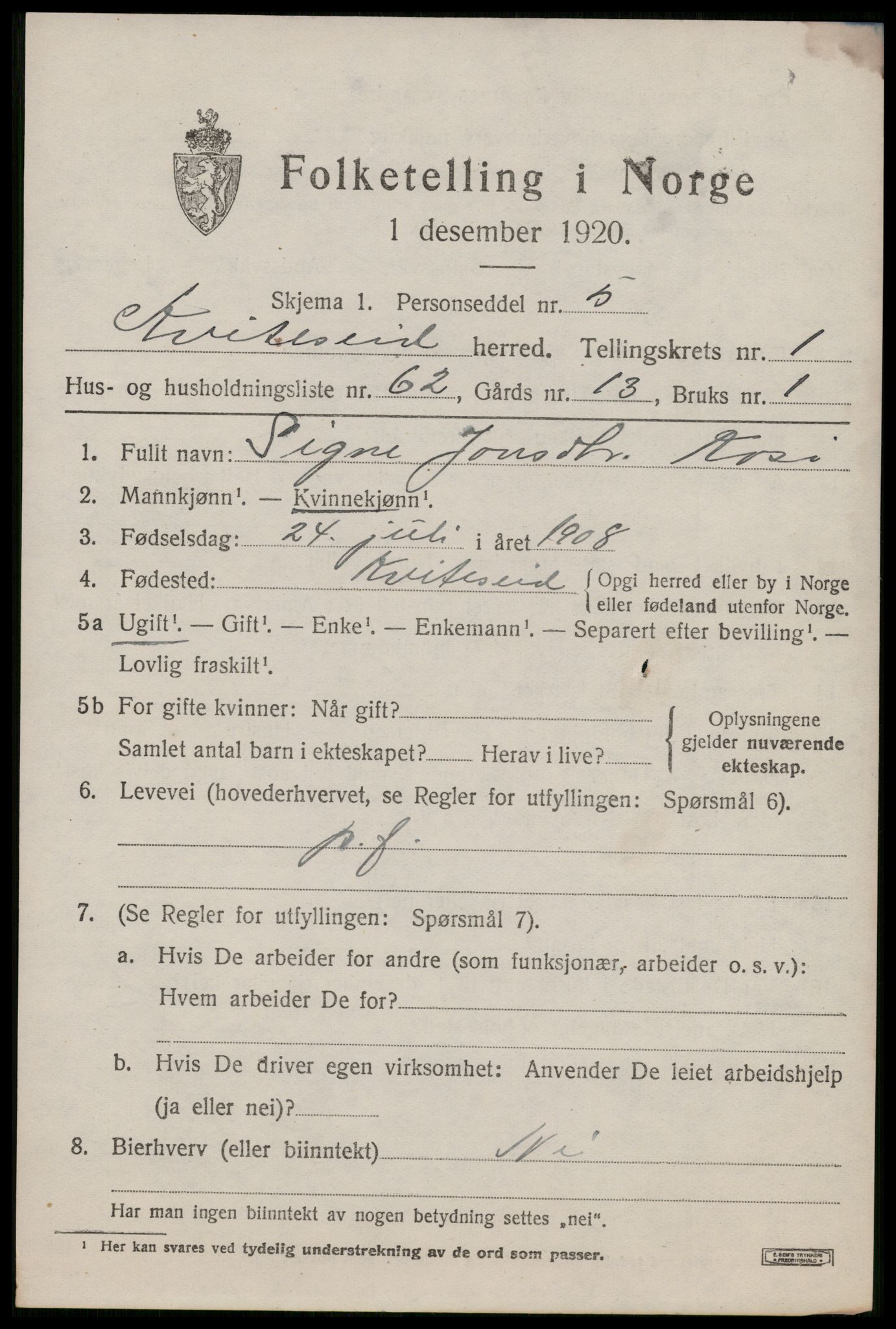 SAKO, 1920 census for Kviteseid, 1920, p. 2075