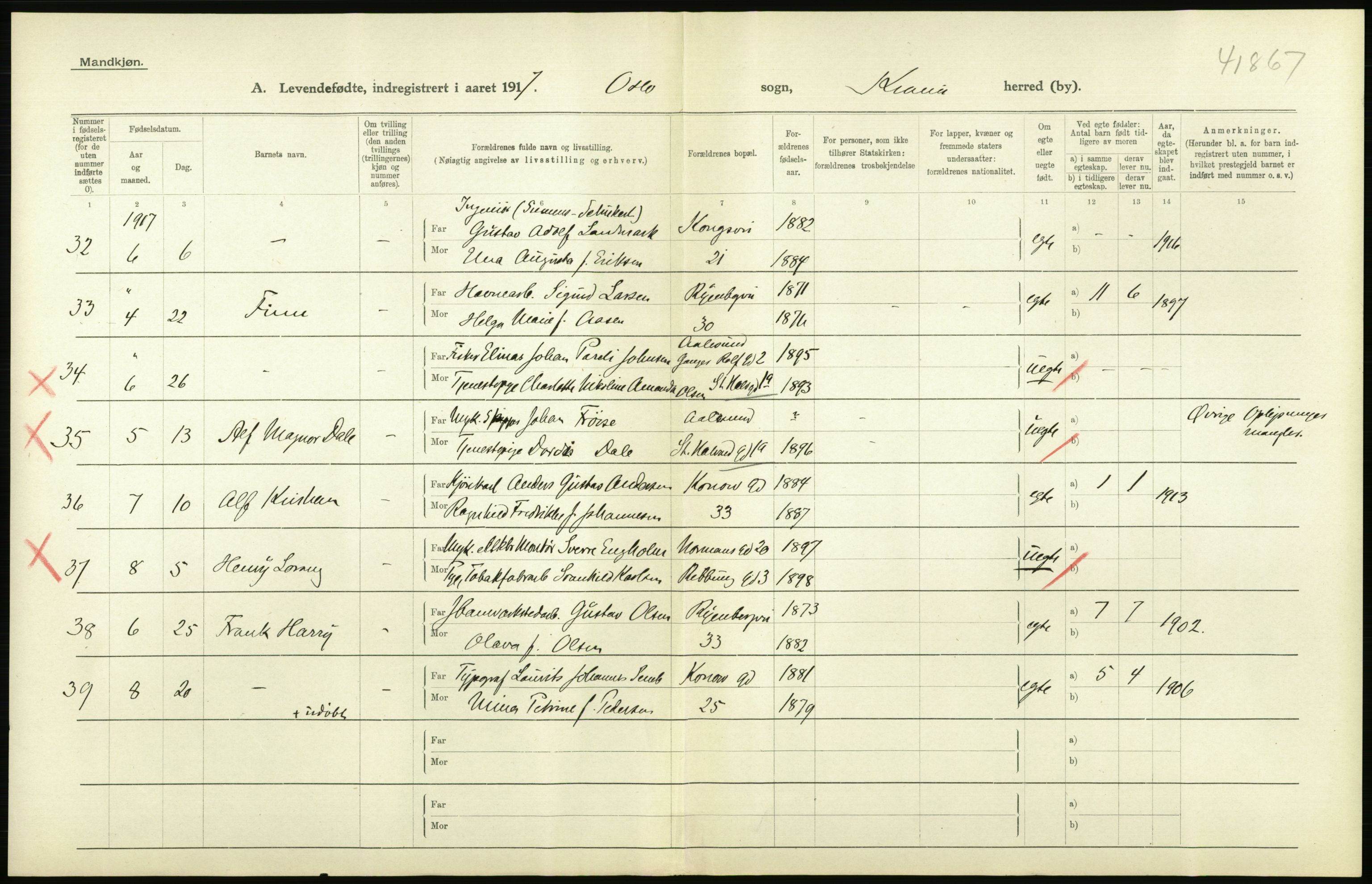 Statistisk sentralbyrå, Sosiodemografiske emner, Befolkning, AV/RA-S-2228/D/Df/Dfb/Dfbg/L0006: Kristiania: Levendefødte menn og kvinner., 1917, p. 552