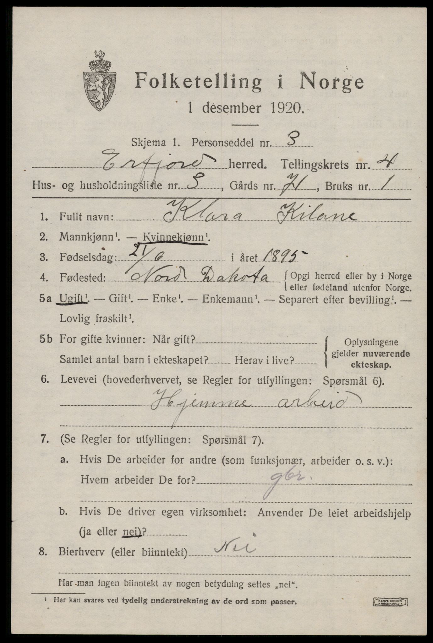 SAST, 1920 census for Erfjord, 1920, p. 1287