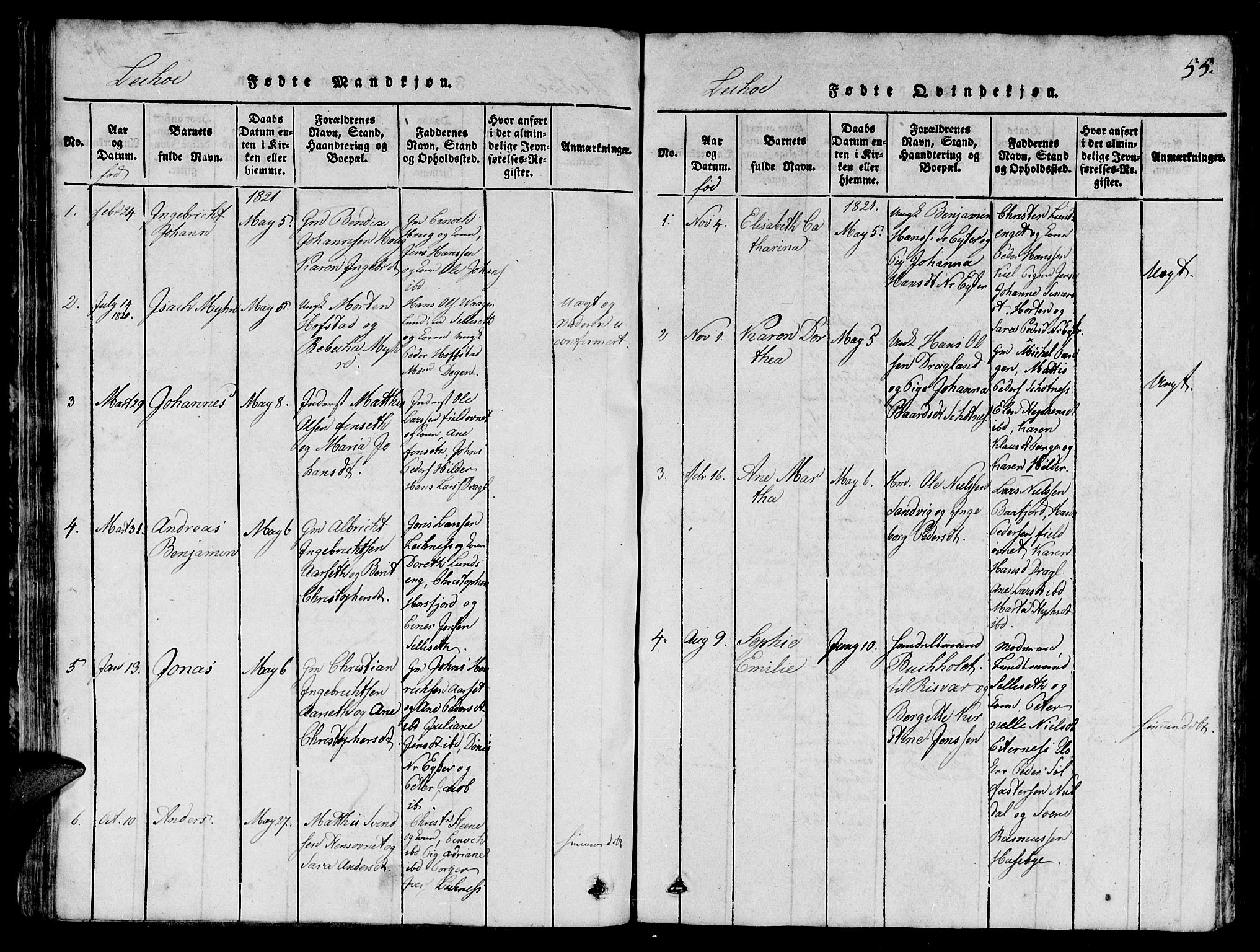 Ministerialprotokoller, klokkerbøker og fødselsregistre - Nord-Trøndelag, SAT/A-1458/780/L0648: Parish register (copy) no. 780C01 /2, 1815-1875, p. 55