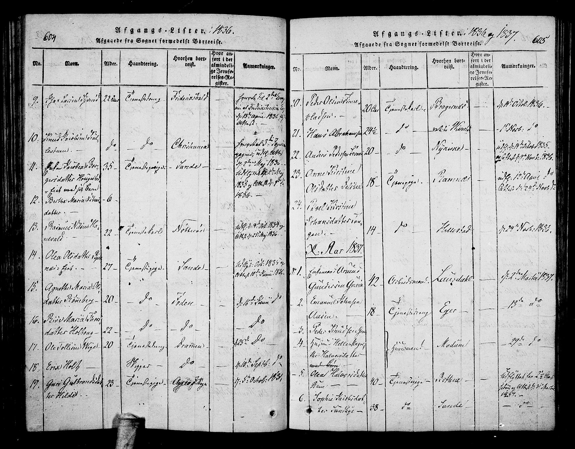 Hof kirkebøker, SAKO/A-64/F/Fa/L0004: Parish register (official) no. I 4, 1814-1843, p. 604-605