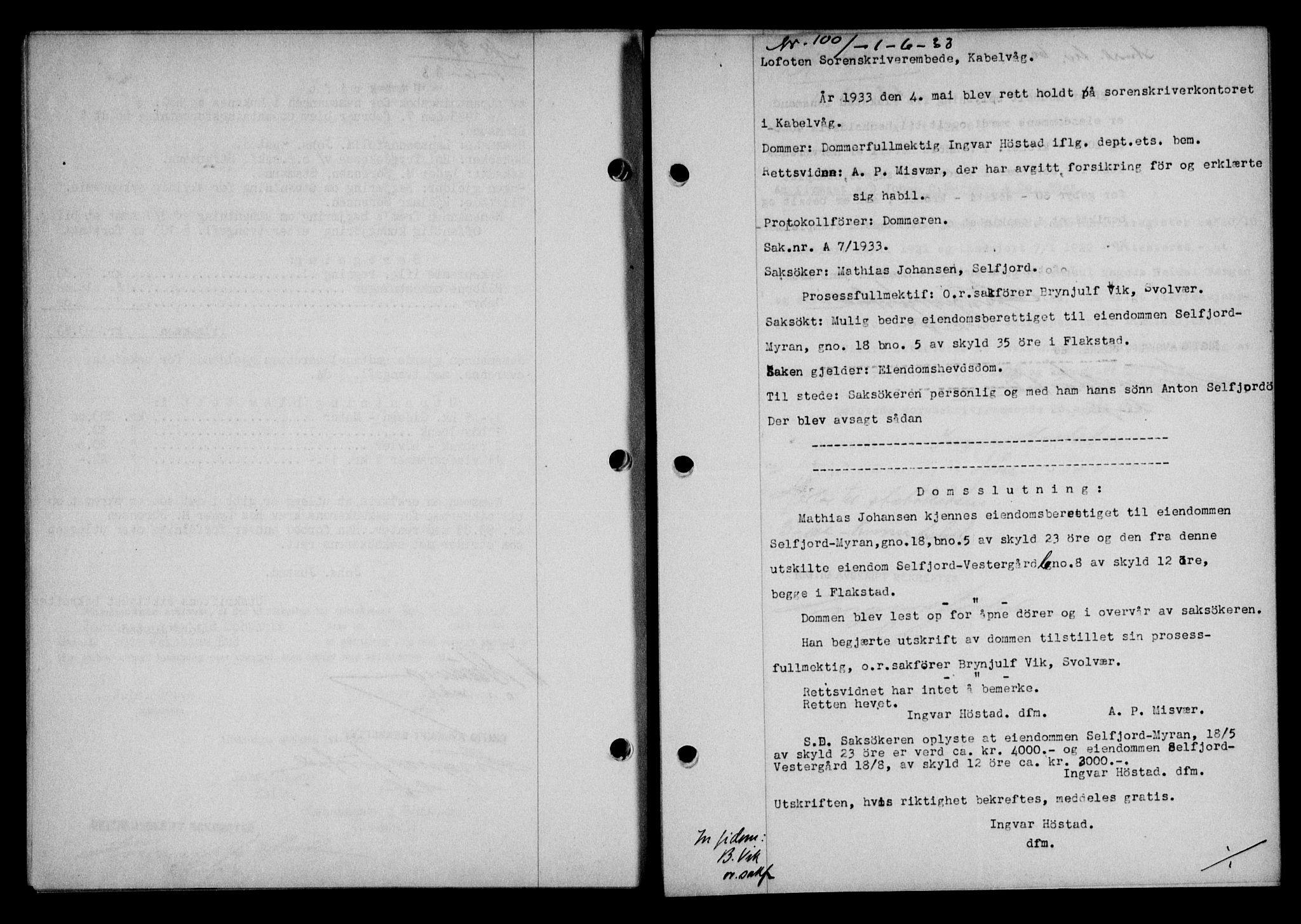 Lofoten sorenskriveri, SAT/A-0017/1/2/2C/L0027b: Mortgage book no. 27b, 1933-1933, Deed date: 01.06.1933