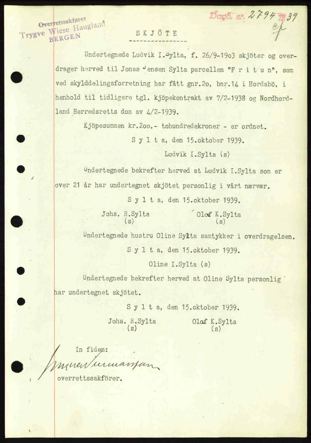 Nordhordland sorenskrivar, SAB/A-2901/1/G/Gb/Gbf/L0010: Mortgage book no. A10, 1939-1940, Diary no: : 2794/1939