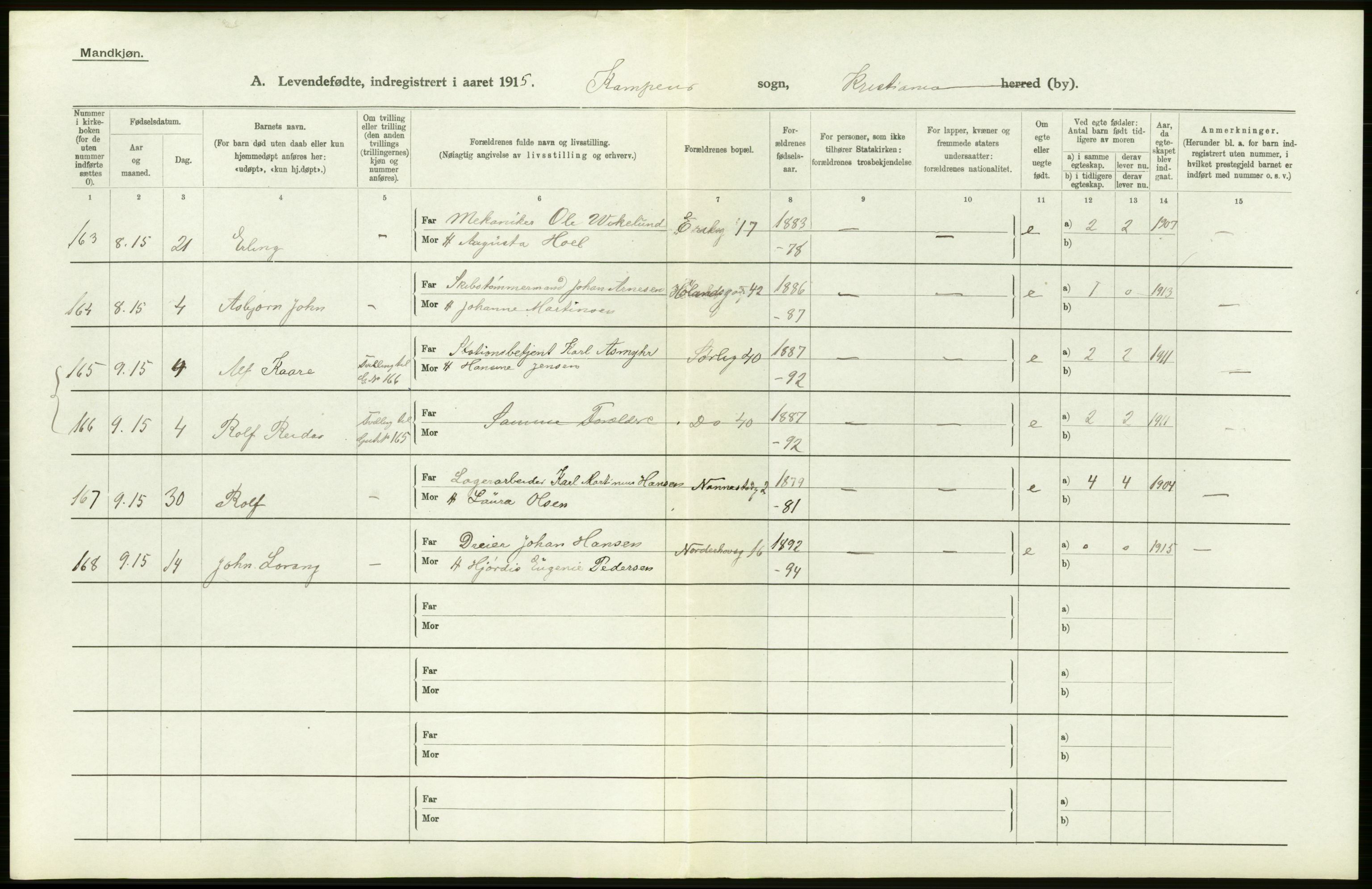 Statistisk sentralbyrå, Sosiodemografiske emner, Befolkning, RA/S-2228/D/Df/Dfb/Dfbe/L0006: Kristiania: Levendefødte menn og kvinner., 1915, p. 408