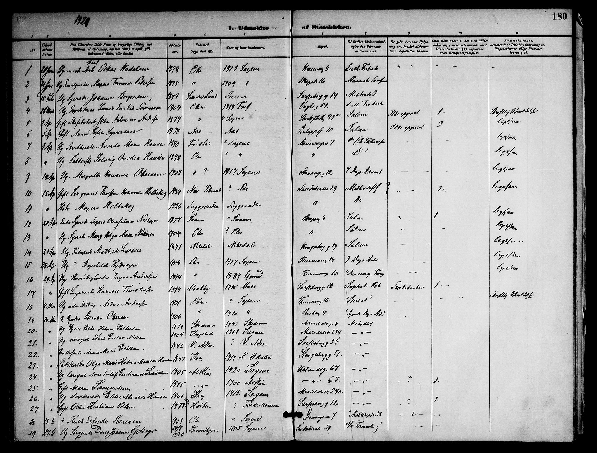 Sagene prestekontor Kirkebøker, AV/SAO-A-10796/F/L0006: Parish register (official) no. 6, 1898-1923, p. 189