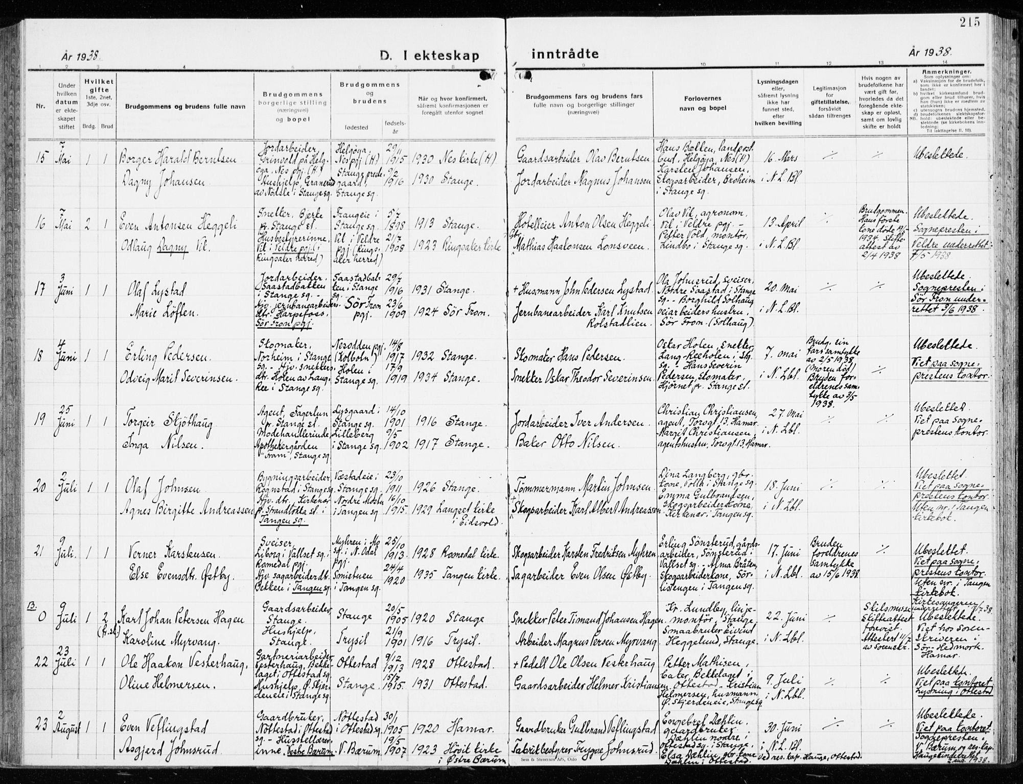 Stange prestekontor, AV/SAH-PREST-002/K/L0027: Parish register (official) no. 27, 1937-1947, p. 215