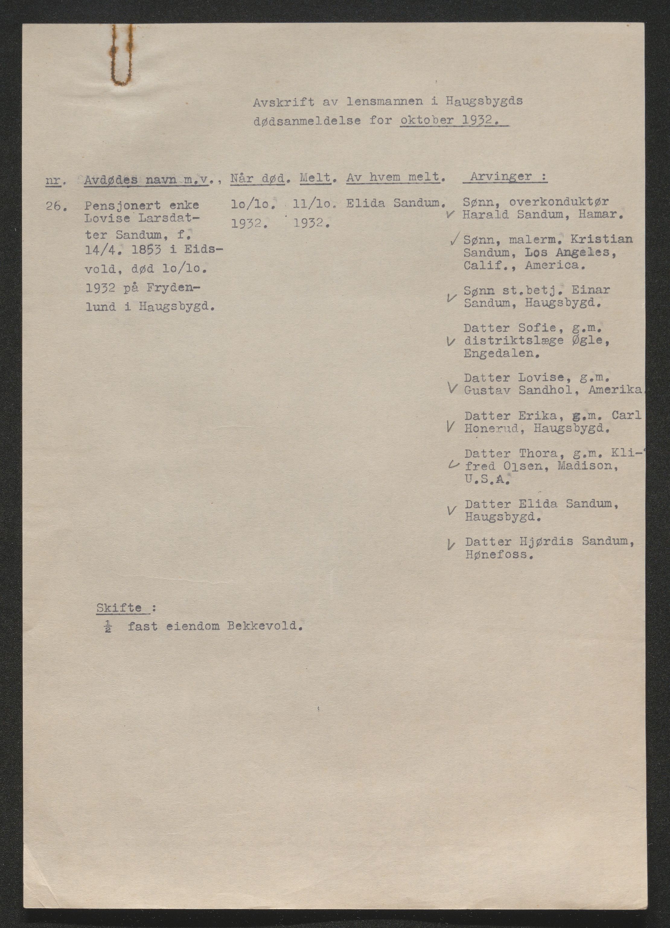 Ringerike sorenskriveri, AV/SAKO-A-105/H/Ha/Hab/L0017: Dødsfallslister Haugsbygd, 1931-1940