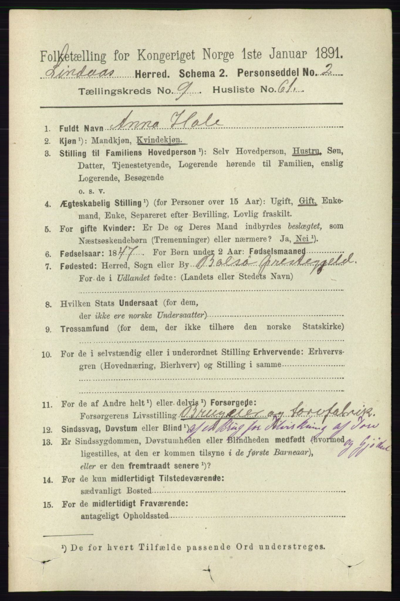 RA, 1891 census for 1263 Lindås, 1891, p. 3368