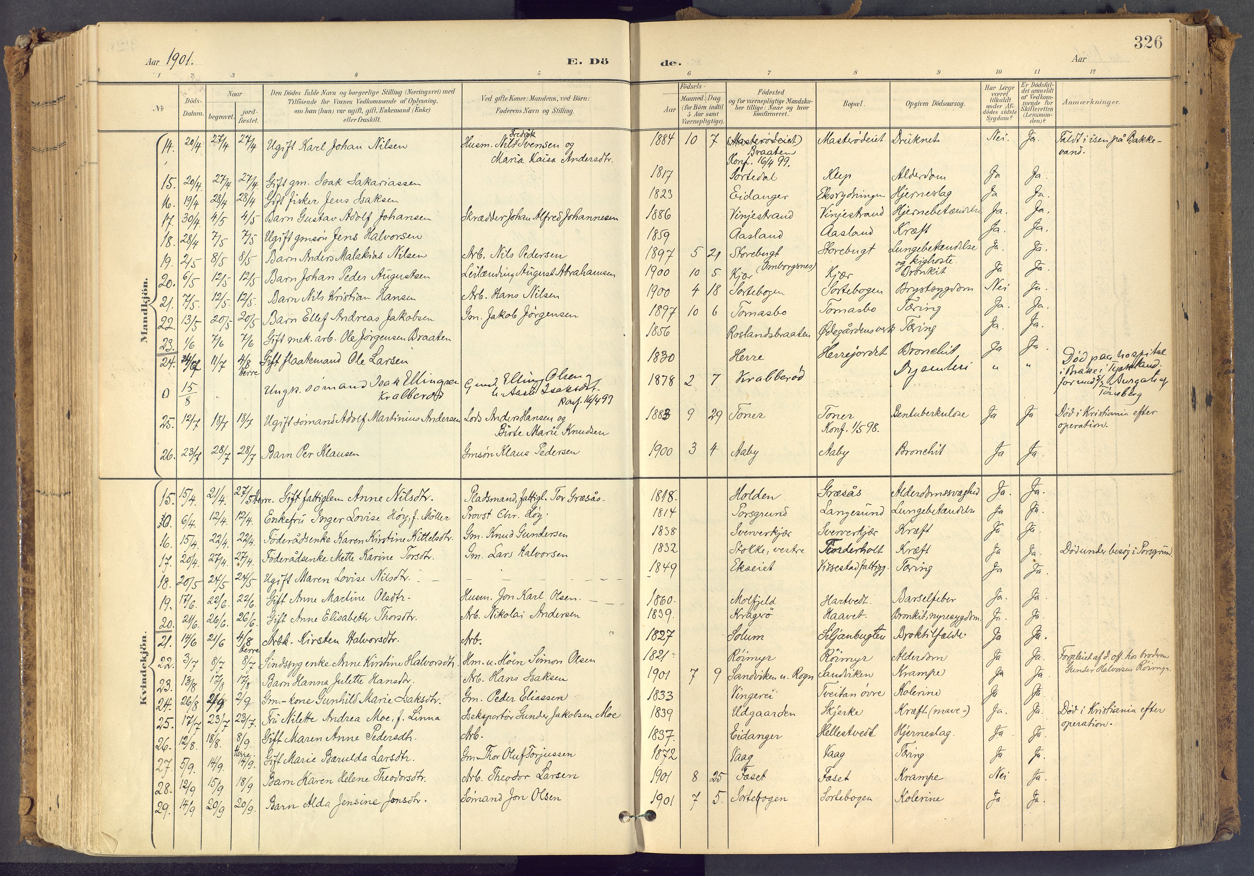Bamble kirkebøker, SAKO/A-253/F/Fa/L0009: Parish register (official) no. I 9, 1901-1917, p. 326