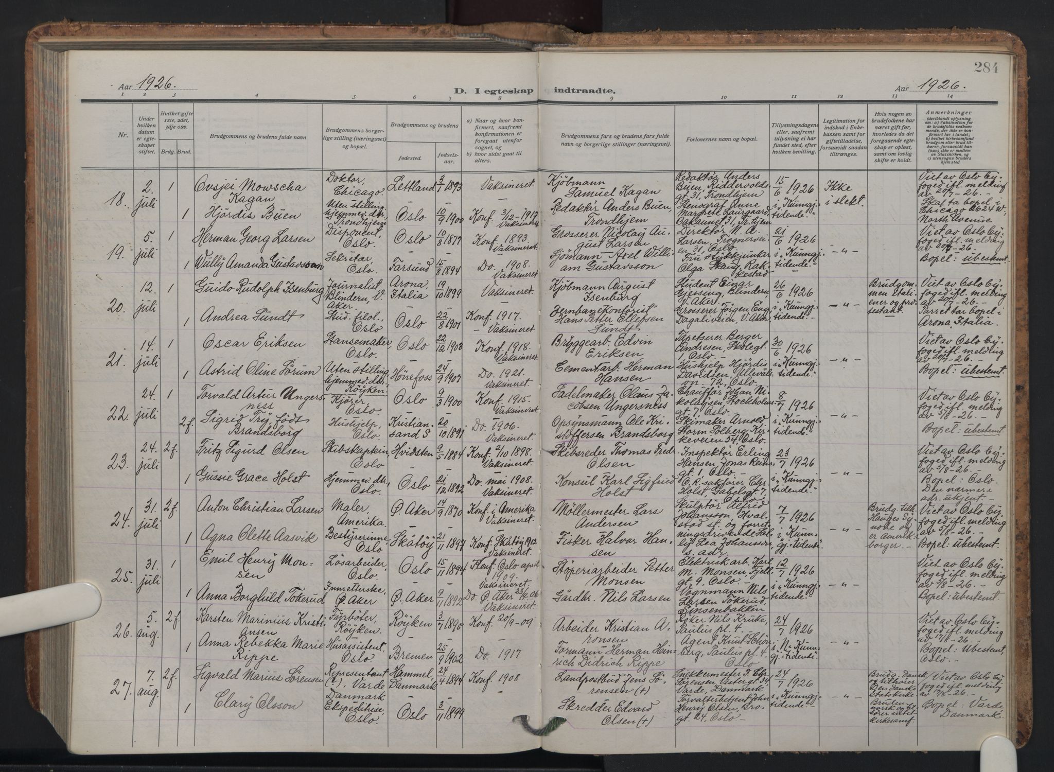 Oslo domkirke Kirkebøker, AV/SAO-A-10752/F/Fa/L0040: Parish register (official) no. 40, 1921-1932, p. 284