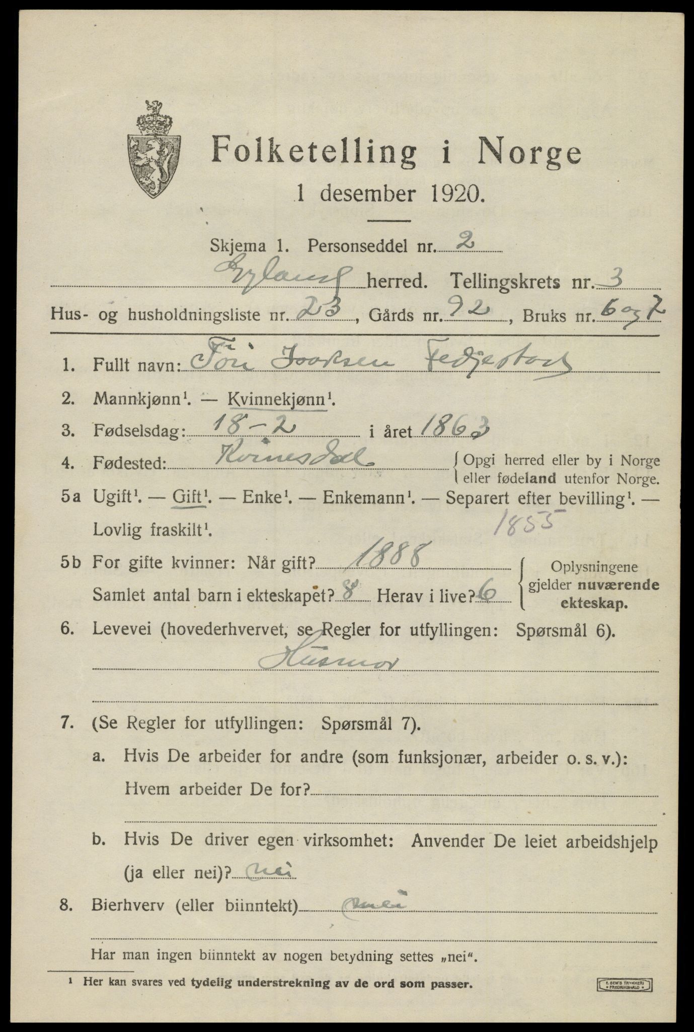 SAK, 1920 census for Gyland, 1920, p. 1028
