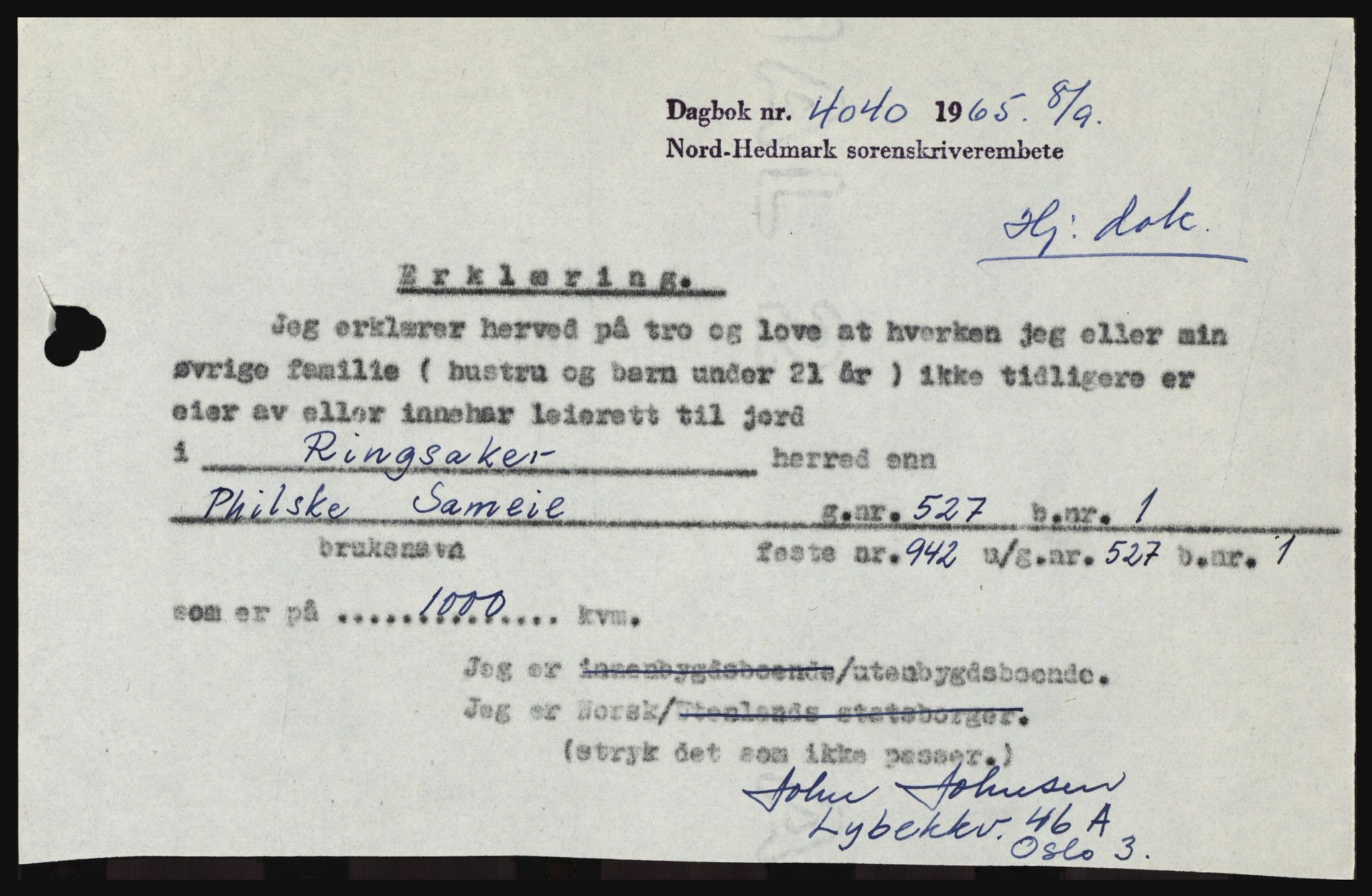Nord-Hedmark sorenskriveri, SAH/TING-012/H/Hc/L0022: Mortgage book no. 22, 1965-1965, Diary no: : 4040/1965