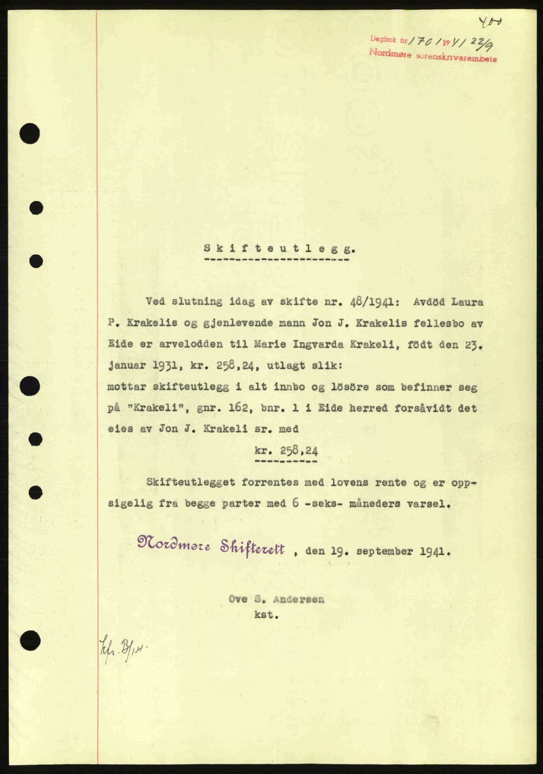 Nordmøre sorenskriveri, AV/SAT-A-4132/1/2/2Ca: Mortgage book no. B88, 1941-1942, Diary no: : 1701/1941