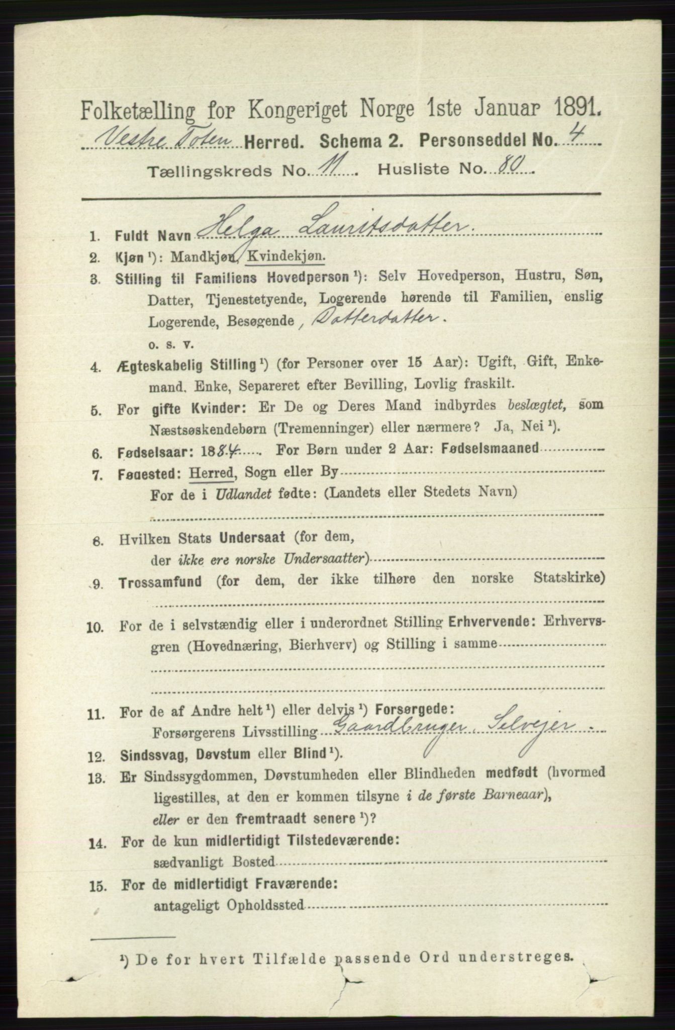 RA, 1891 census for 0529 Vestre Toten, 1891, p. 7191