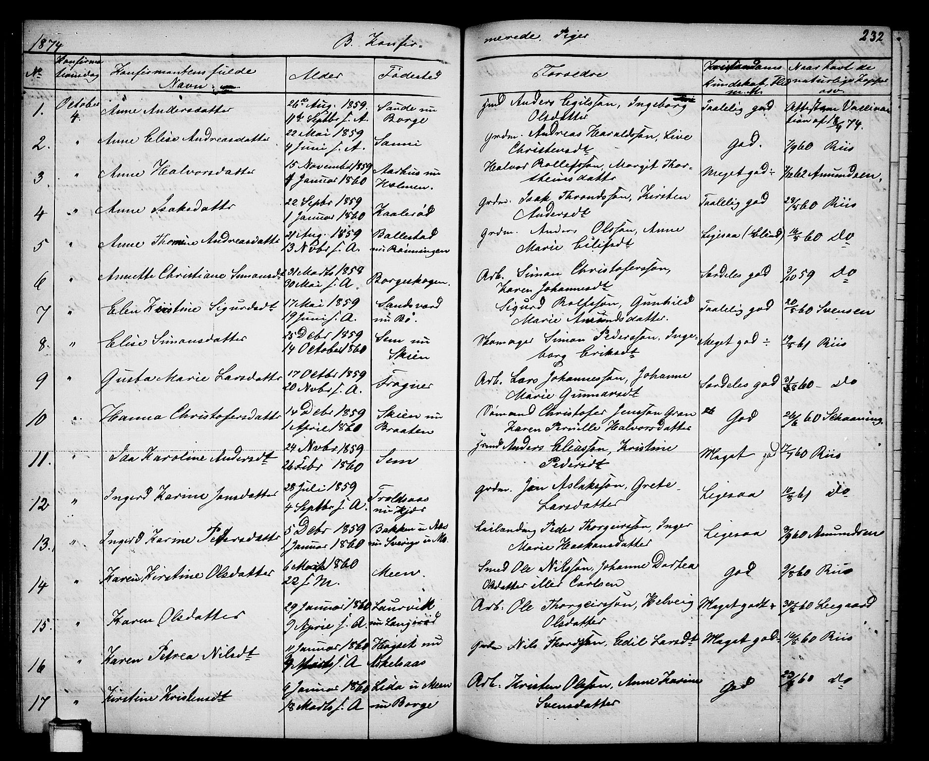 Gjerpen kirkebøker, SAKO/A-265/G/Ga/L0001: Parish register (copy) no. I 1, 1864-1882, p. 232
