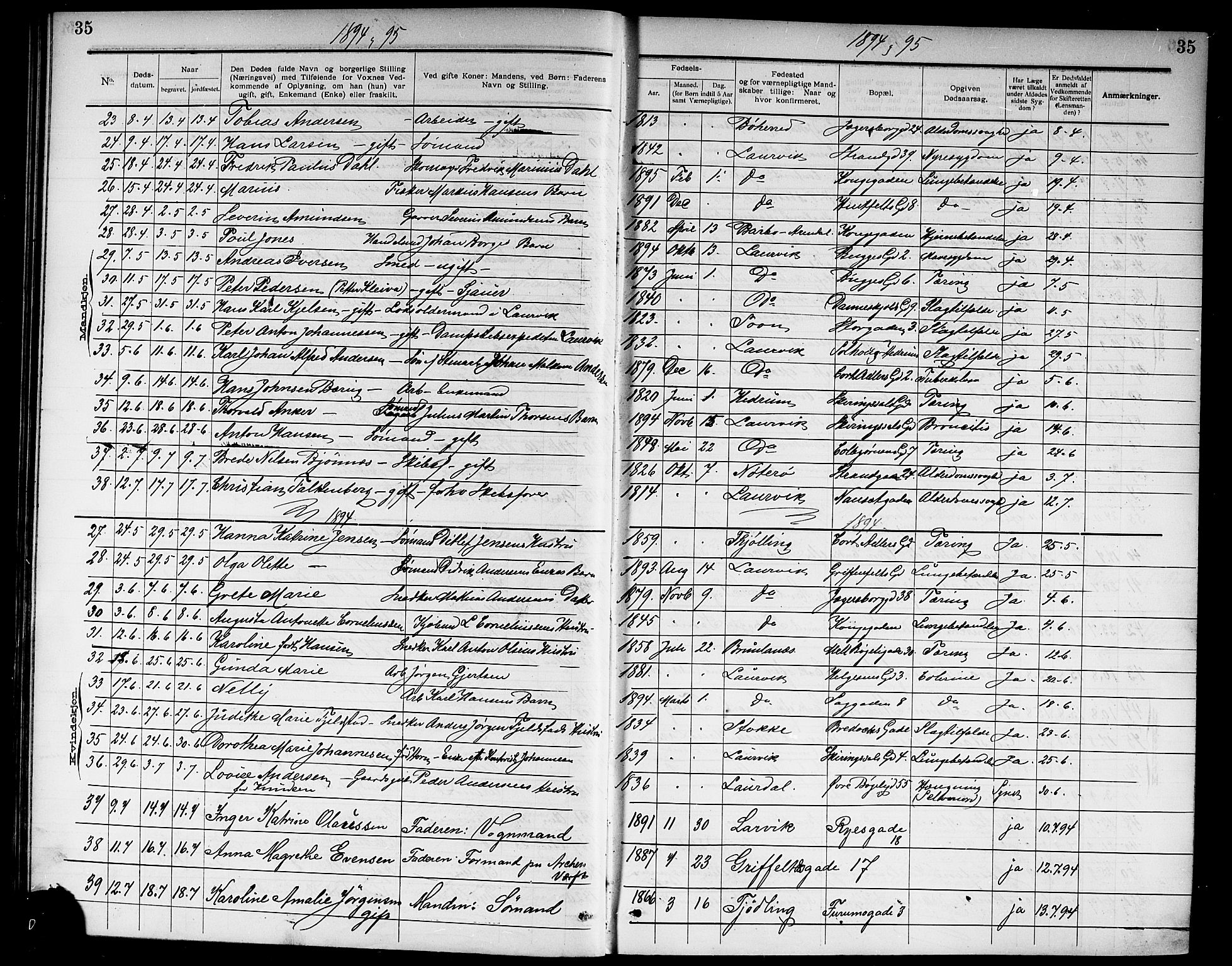 Larvik kirkebøker, AV/SAKO-A-352/G/Ga/L0007: Parish register (copy) no. I 7, 1888-1918, p. 35