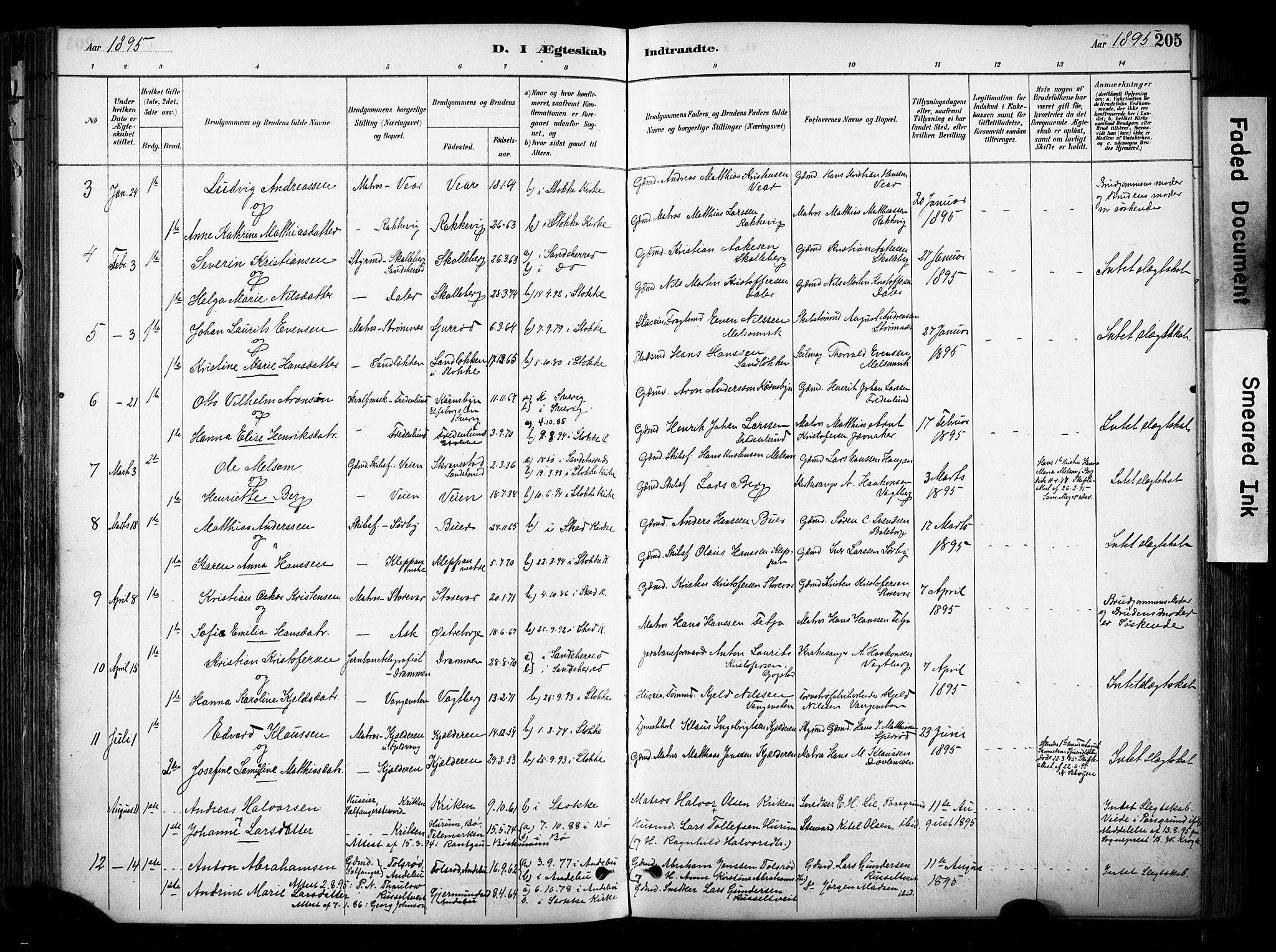 Stokke kirkebøker, AV/SAKO-A-320/F/Fa/L0010: Parish register (official) no. I 10, 1884-1903, p. 205