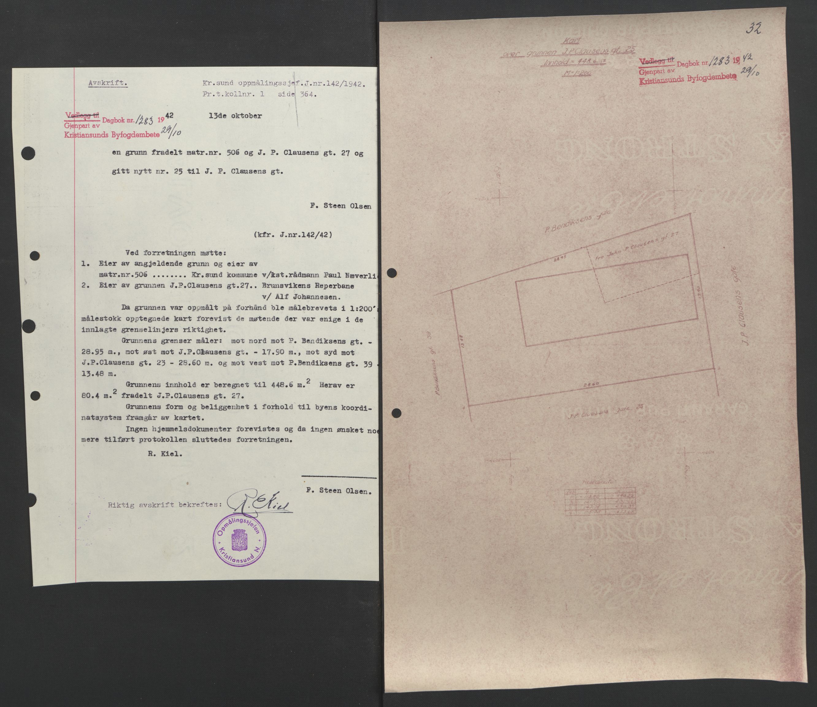 Kristiansund byfogd, AV/SAT-A-4587/A/27: Mortgage book no. 37, 1942-1945, Diary no: : 1283/1942