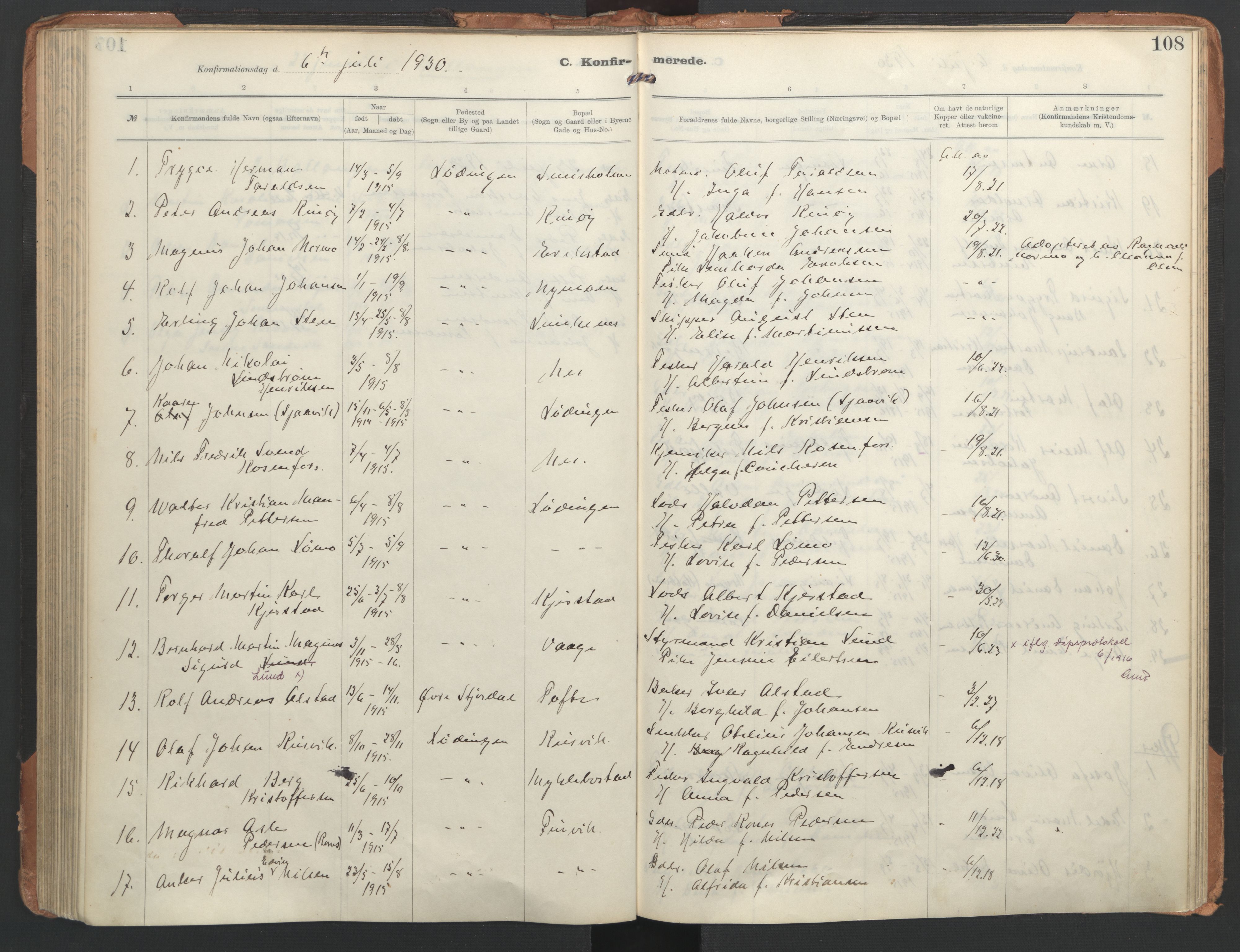 Ministerialprotokoller, klokkerbøker og fødselsregistre - Nordland, AV/SAT-A-1459/872/L1042: Parish register (official) no. 872A17, 1910-1937, p. 108