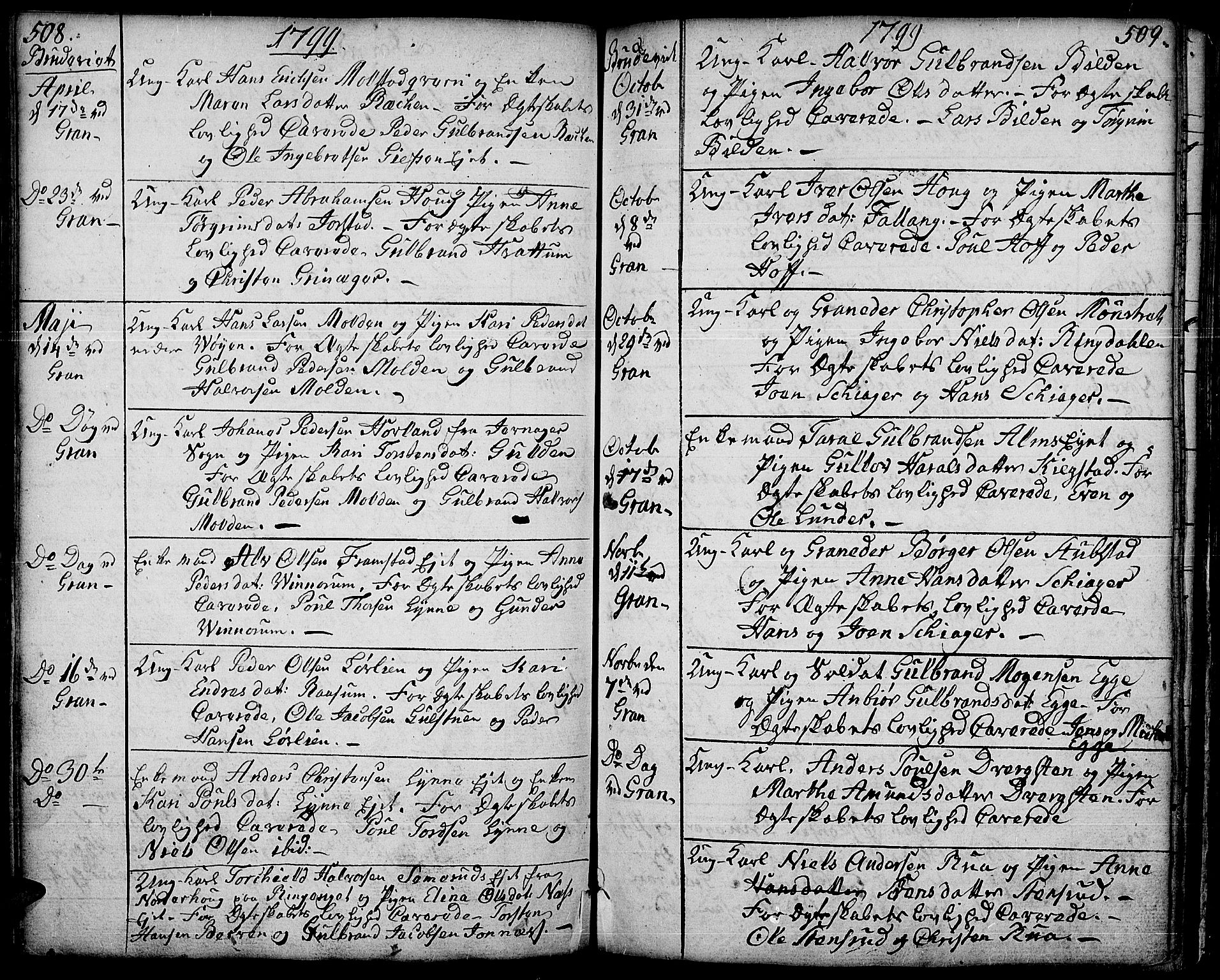 Gran prestekontor, SAH/PREST-112/H/Ha/Haa/L0006: Parish register (official) no. 6, 1787-1824, p. 508-509