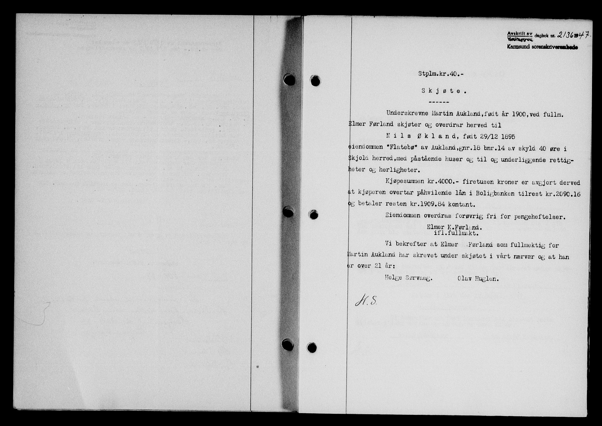 Karmsund sorenskriveri, SAST/A-100311/01/II/IIB/L0090: Mortgage book no. 70A, 1947-1947, Diary no: : 2136/1947