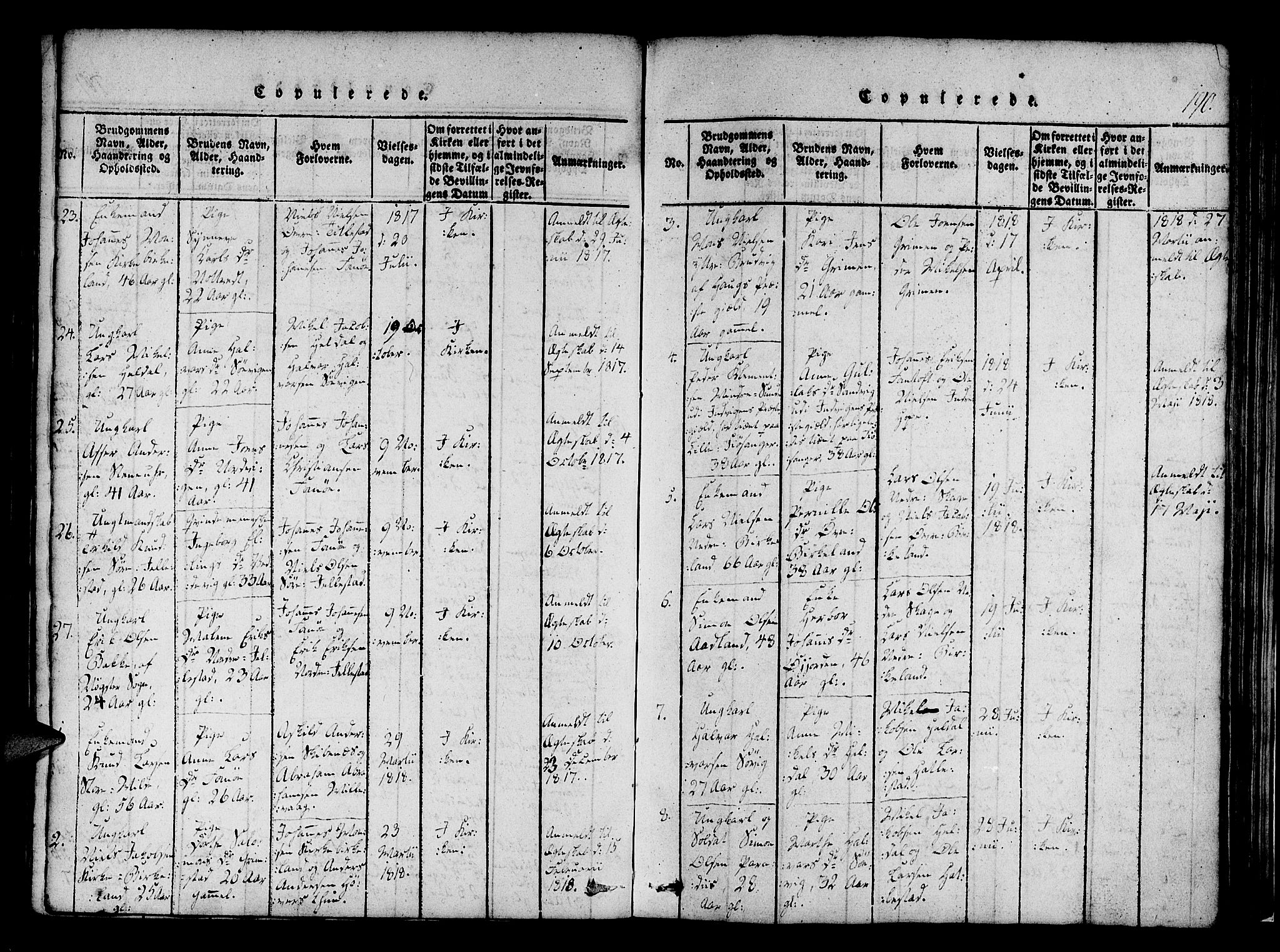 Fana Sokneprestembete, SAB/A-75101/H/Haa/Haaa/L0007: Parish register (official) no. A 7, 1816-1828, p. 190
