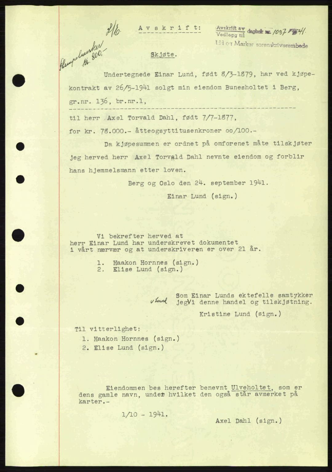 Idd og Marker sorenskriveri, AV/SAO-A-10283/G/Gb/Gbb/L0004: Mortgage book no. A4, 1940-1941, Diary no: : 1037/1941