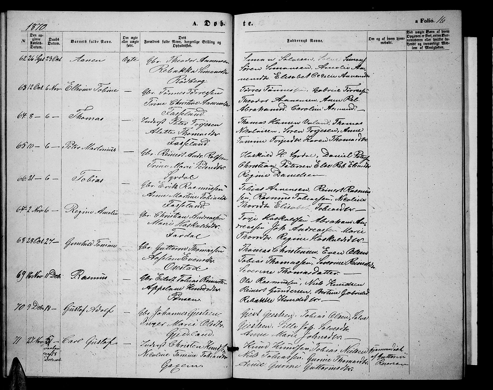 Sør-Audnedal sokneprestkontor, AV/SAK-1111-0039/F/Fb/Fbb/L0004: Parish register (copy) no. B 4, 1868-1879, p. 16