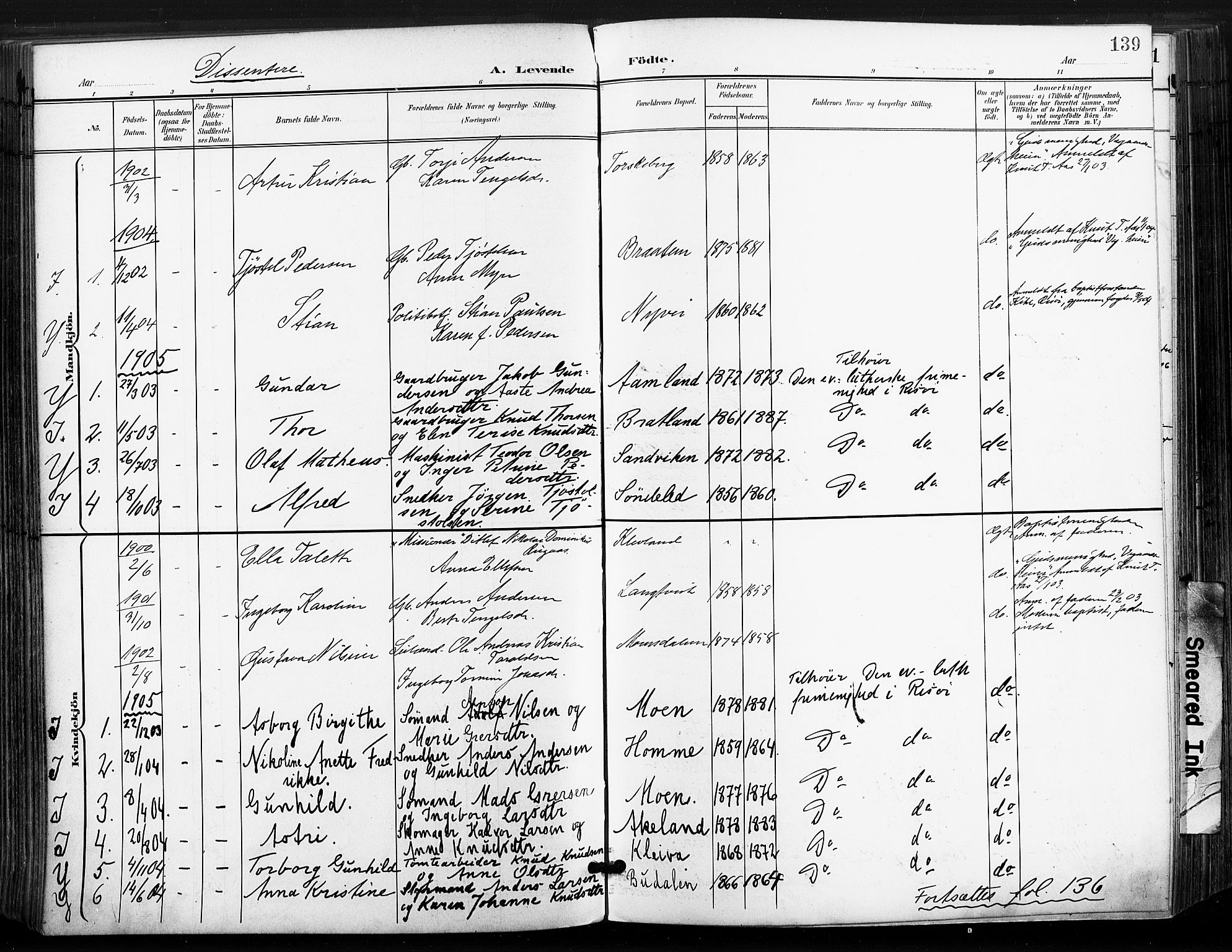 Søndeled sokneprestkontor, AV/SAK-1111-0038/F/Fa/L0006: Parish register (official) no. A 6, 1900-1922, p. 139