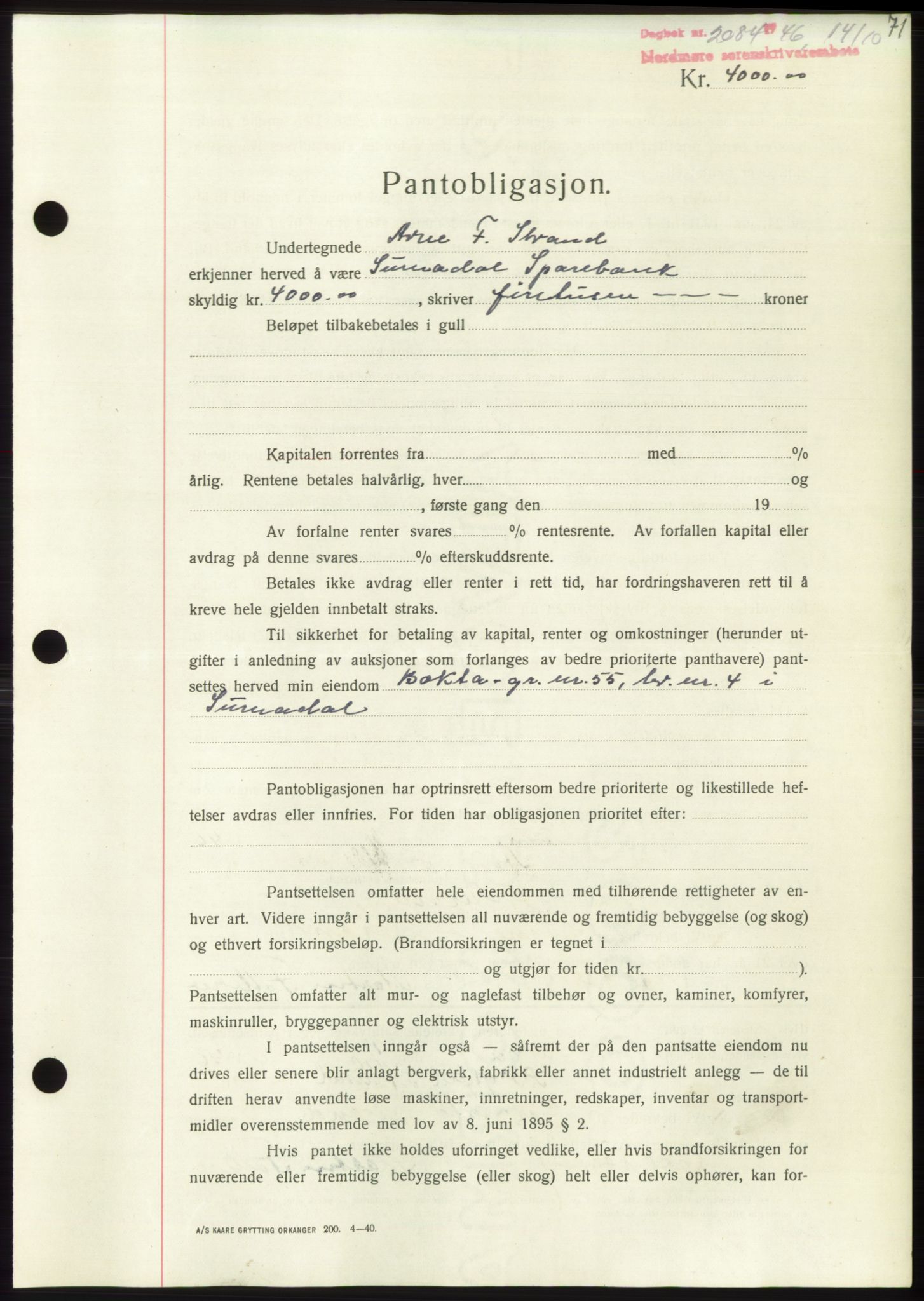 Nordmøre sorenskriveri, AV/SAT-A-4132/1/2/2Ca: Mortgage book no. B95, 1946-1947, Diary no: : 2084/1946