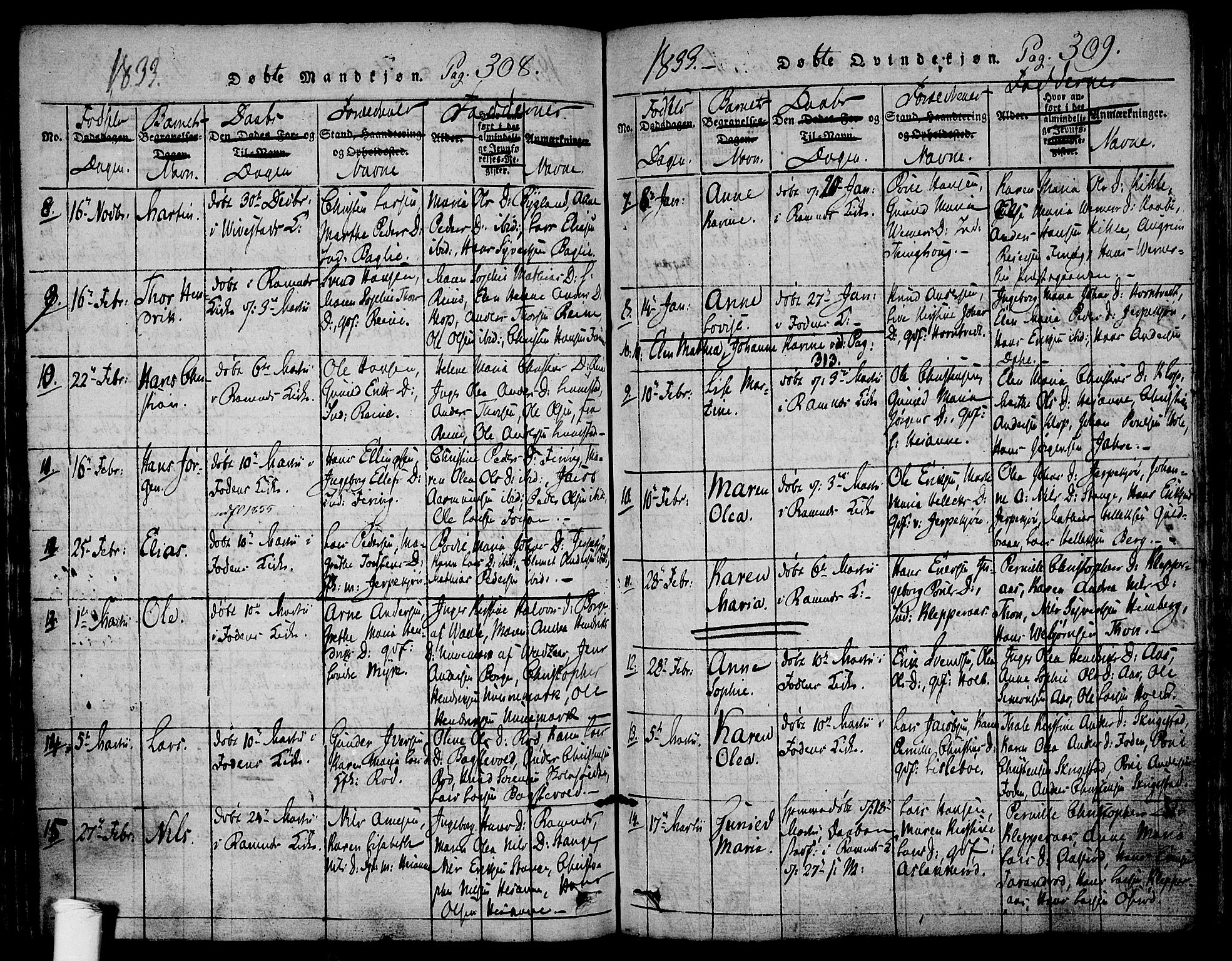 Ramnes kirkebøker, AV/SAKO-A-314/F/Fa/L0004: Parish register (official) no. I 4, 1813-1840, p. 308-309