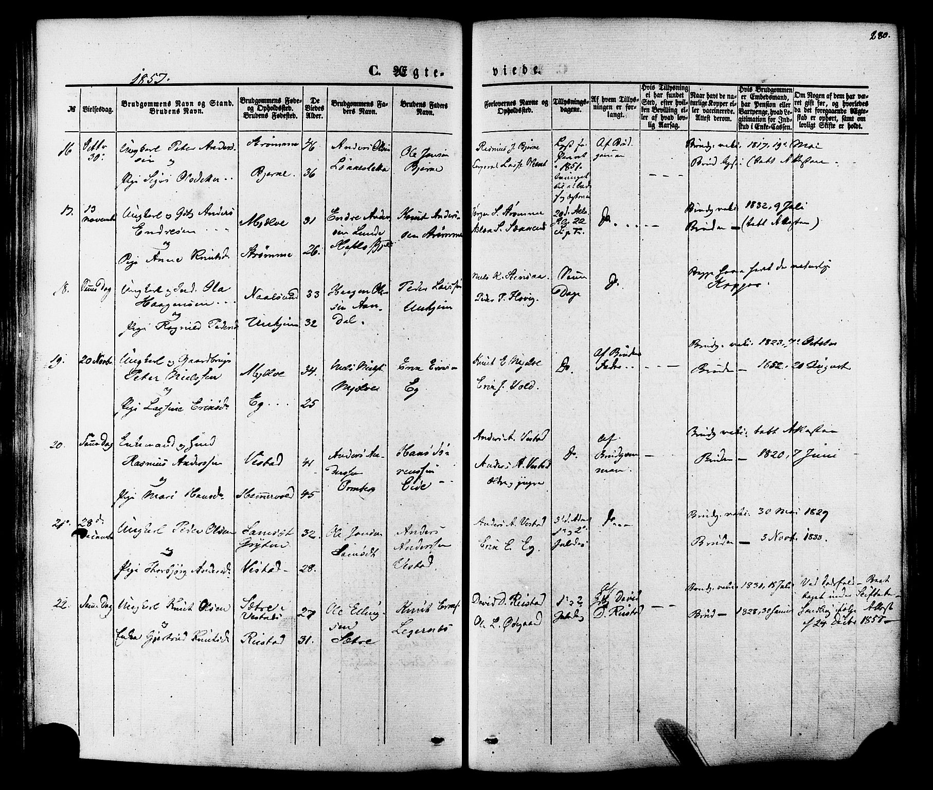 Ministerialprotokoller, klokkerbøker og fødselsregistre - Møre og Romsdal, SAT/A-1454/547/L0603: Parish register (official) no. 547A05, 1846-1877, p. 280