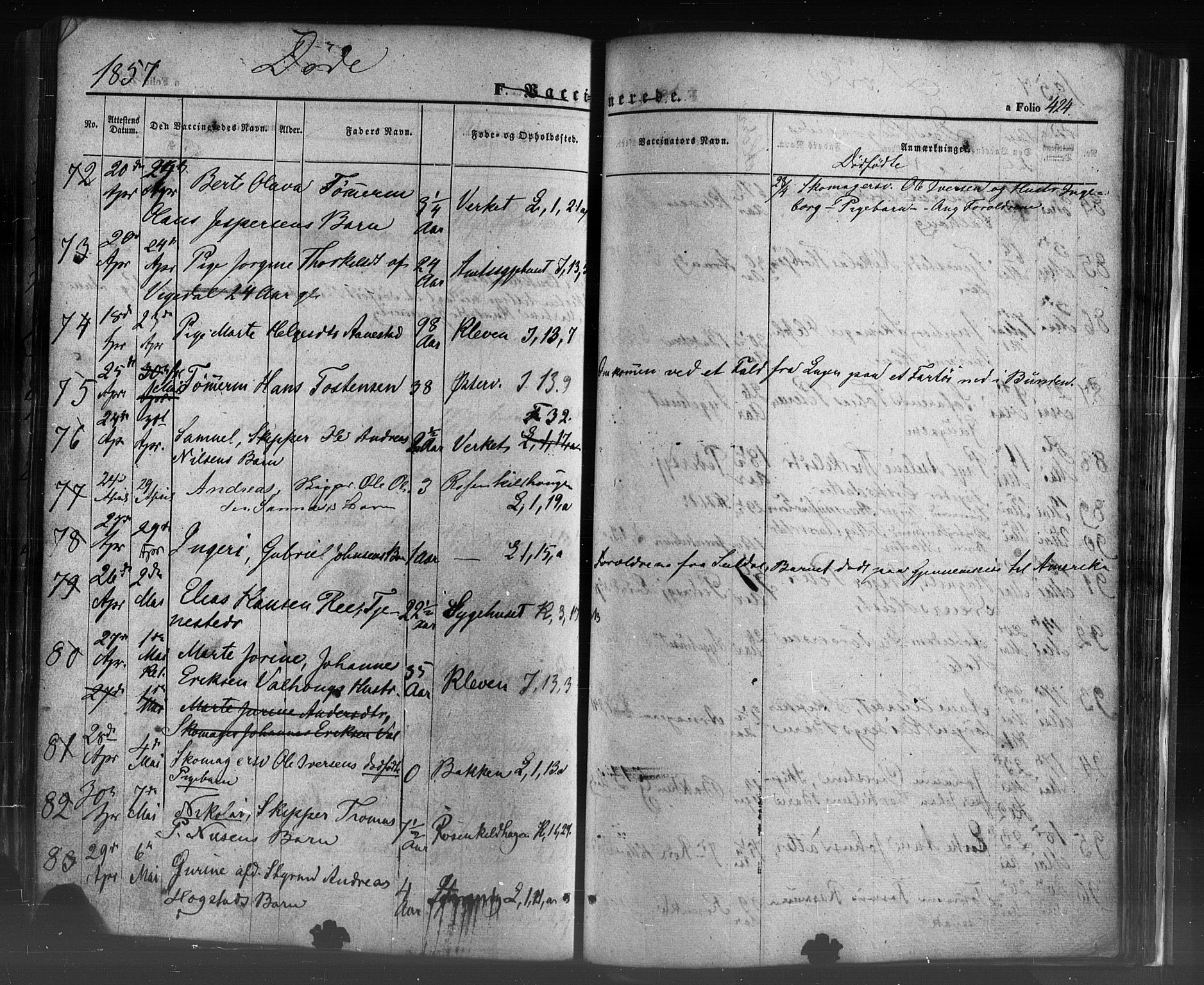 Domkirken sokneprestkontor, AV/SAST-A-101812/001/30/30BB/L0009: Parish register (copy) no. B 9, 1850-1858, p. 424