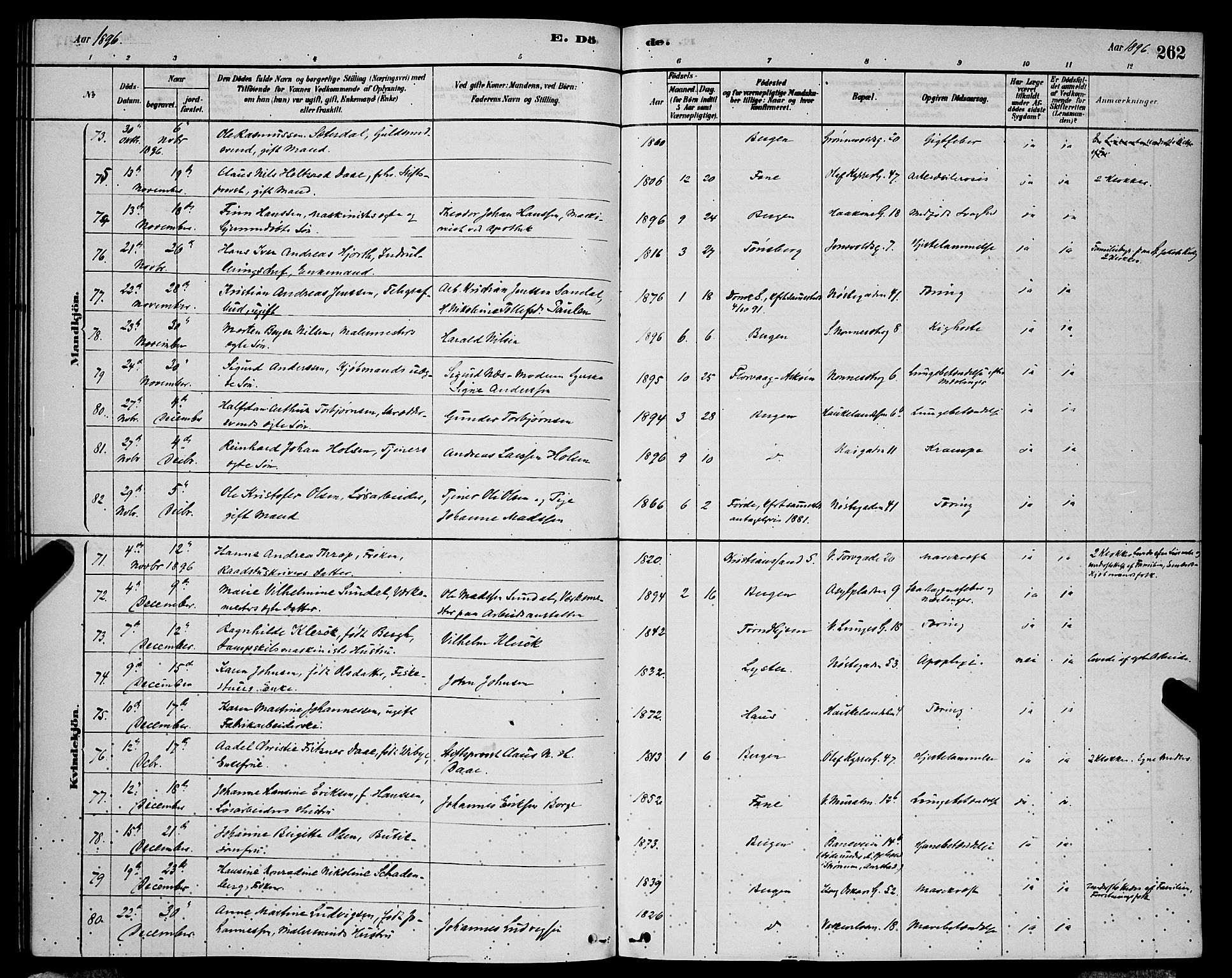 Domkirken sokneprestembete, AV/SAB-A-74801/H/Hab/L0041: Parish register (copy) no. E 5, 1878-1900, p. 262